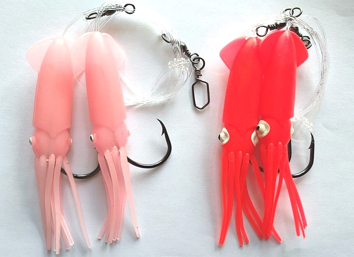 3,5,10,20 Double WINGED SQUID MUPPET Boat Fishing Lure Rig Cod Pollock 7/0 Hook
