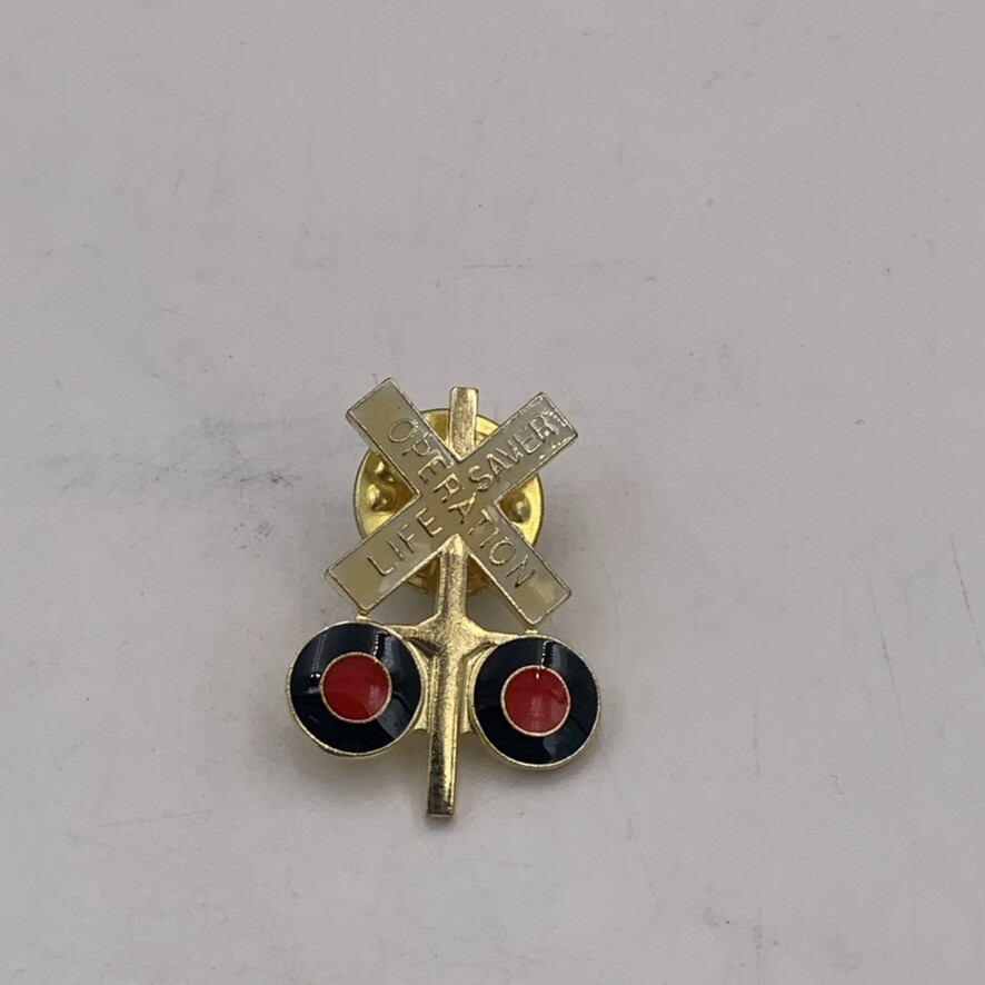Railroad Crossing Pin Badge Enamel Operation Life Saver Gold Tone Harley Rider