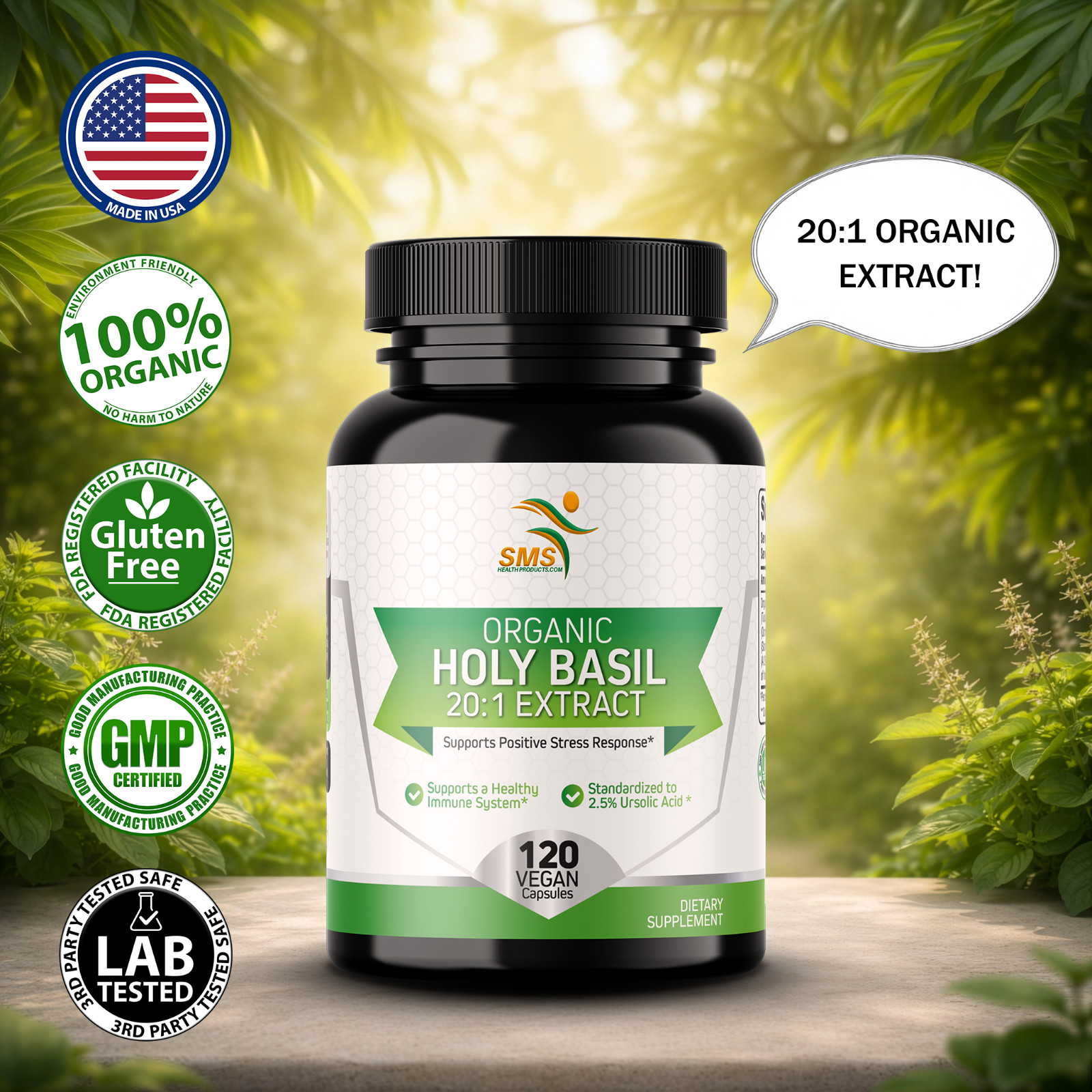 Holy Basil 20:1 Extract 2.5% Ursolic Acid Organic 120 Veg Capsules Made in USA