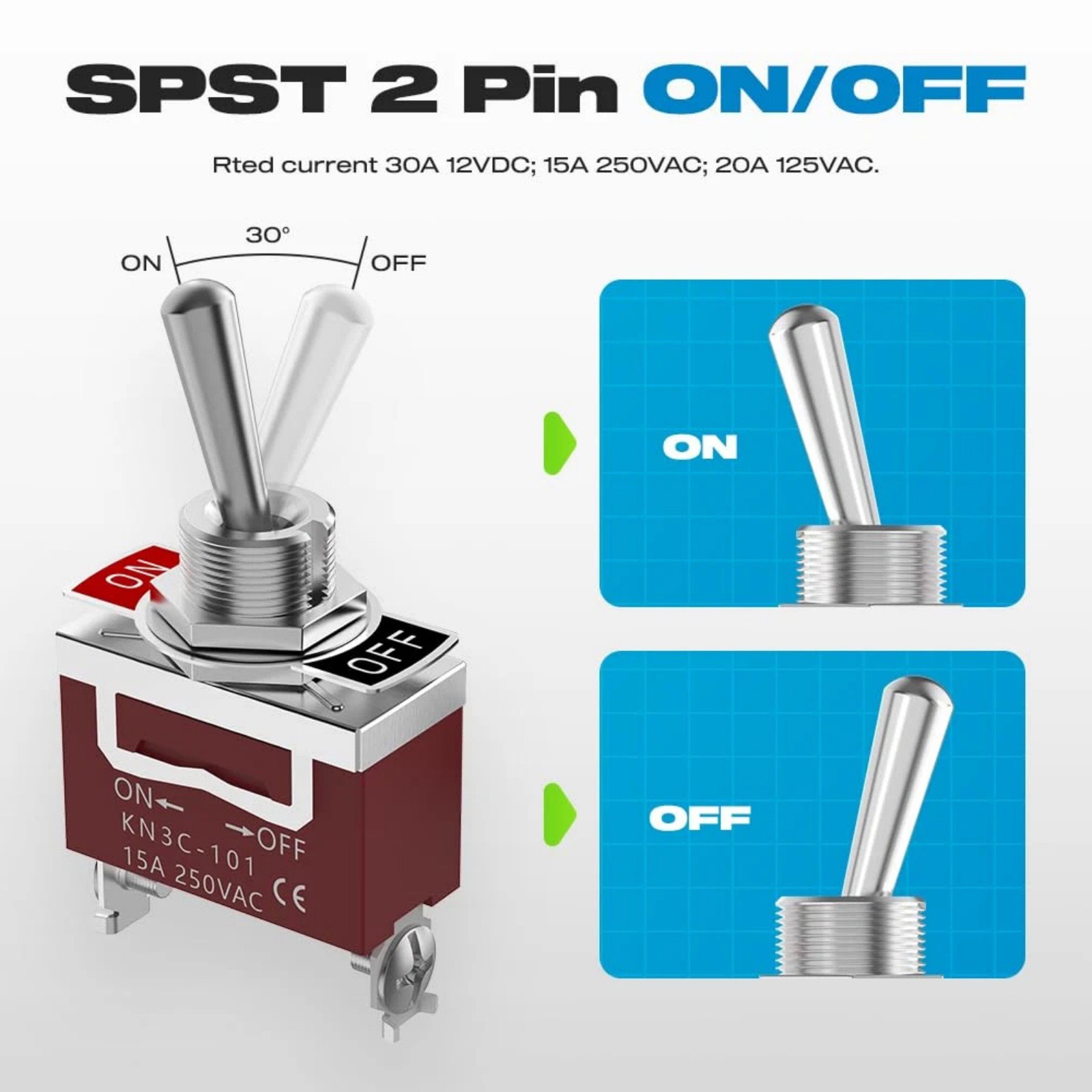 2Pack Durable Toggle Switch ON/OFF 2Pin SPST 30A 12V Waterproof IP65 Rating