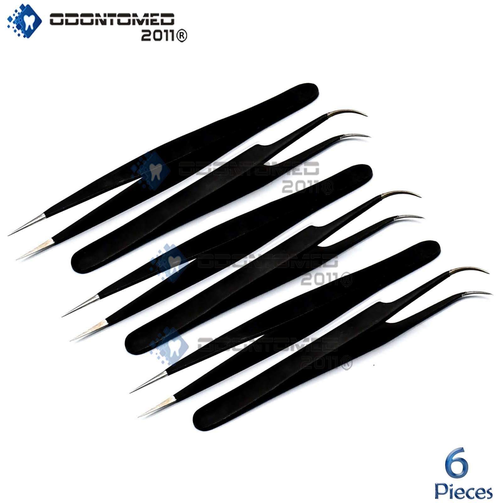 ODM 6-Pcs Black Anti Static Tweezers For Make Up Eyelashes Extensions, Str + Cvd