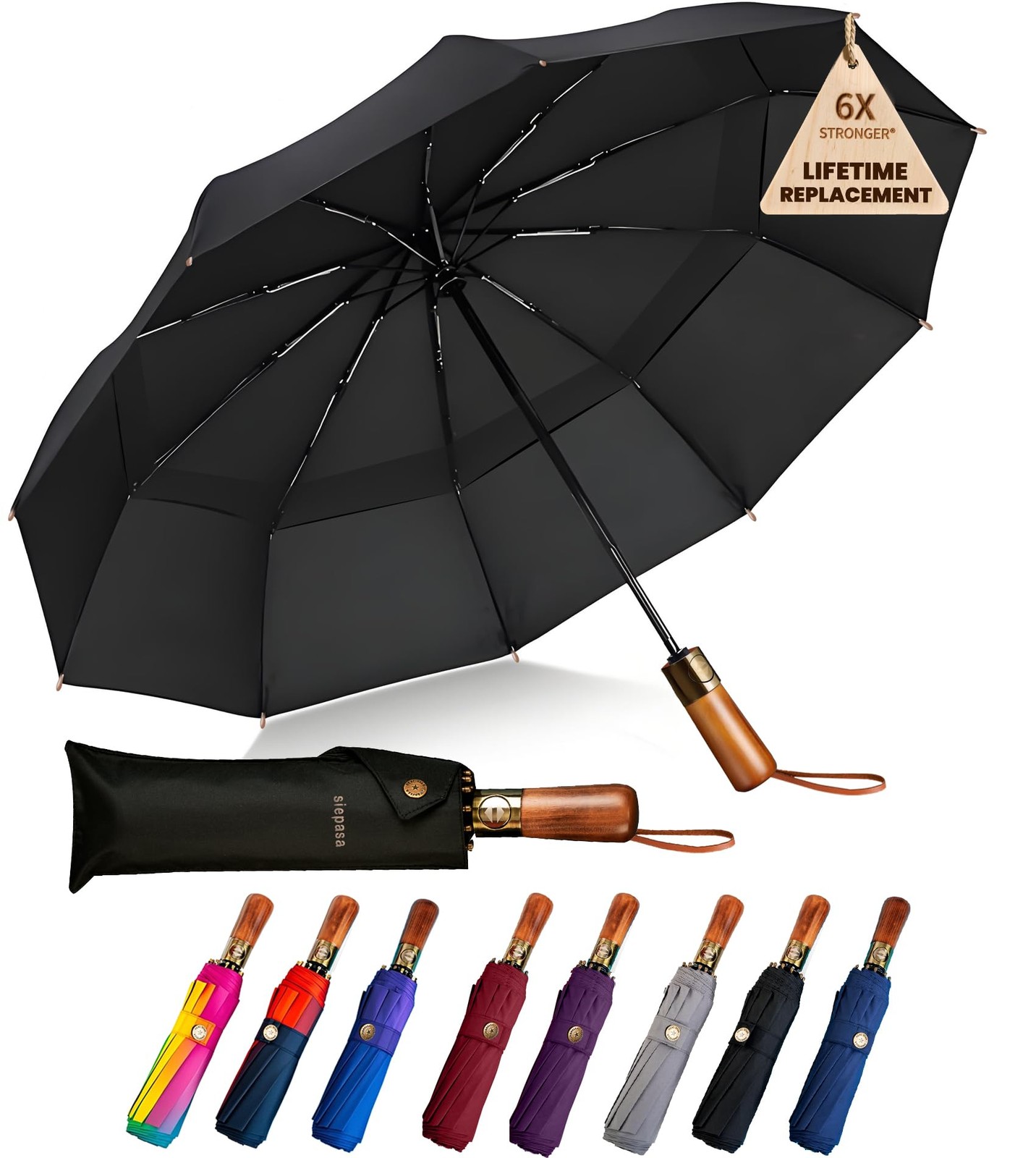 SIEPASA 49/54/62 Inch Windproof Golf Umbrella - Automatic 62 Inch, Black
