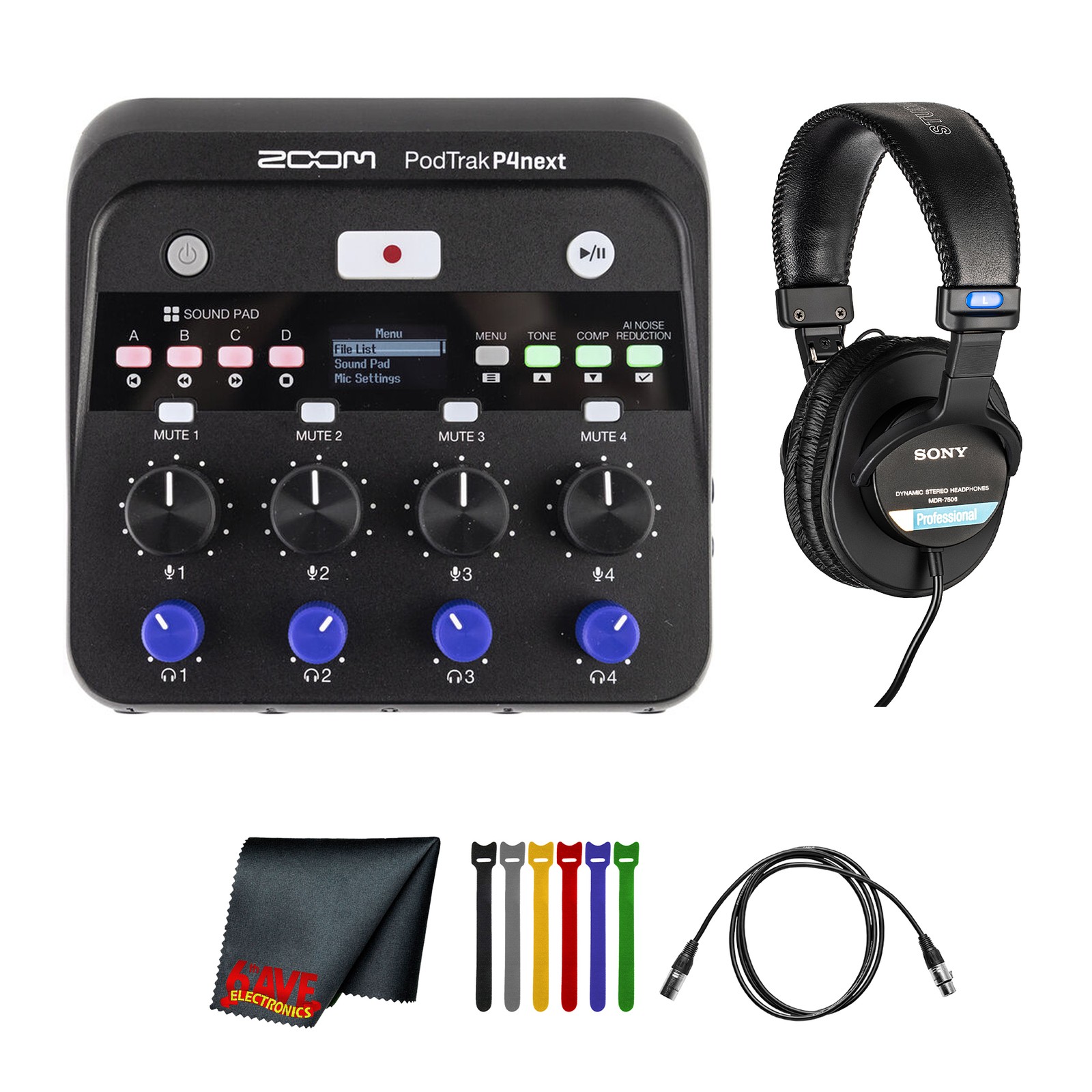 Zoom PodTrak P4next Multitrack Podcast Recorder Bundle w/Sony MDR-7506