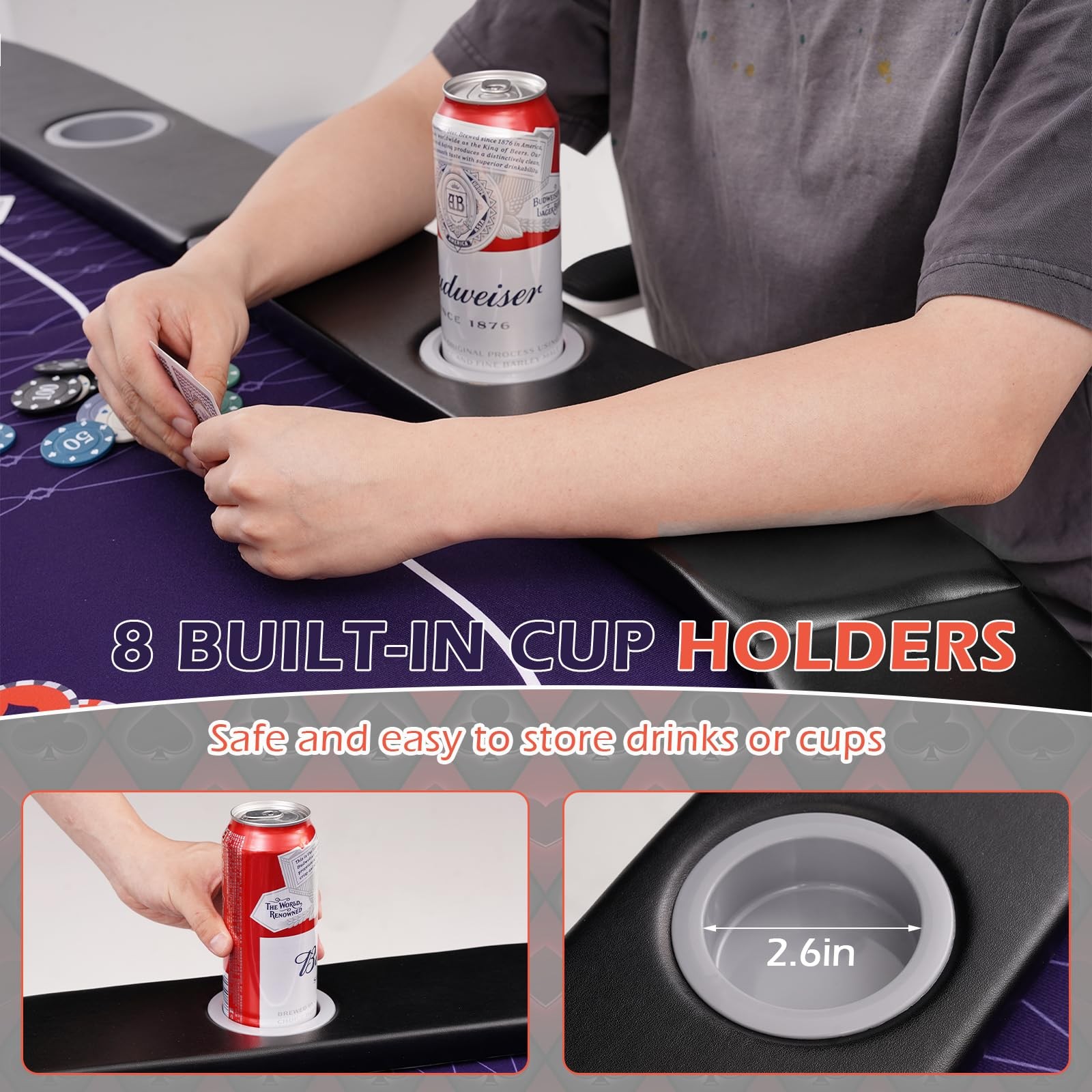 71" LED Poker Table - 8 Player Foldable Texas Hold'em Table