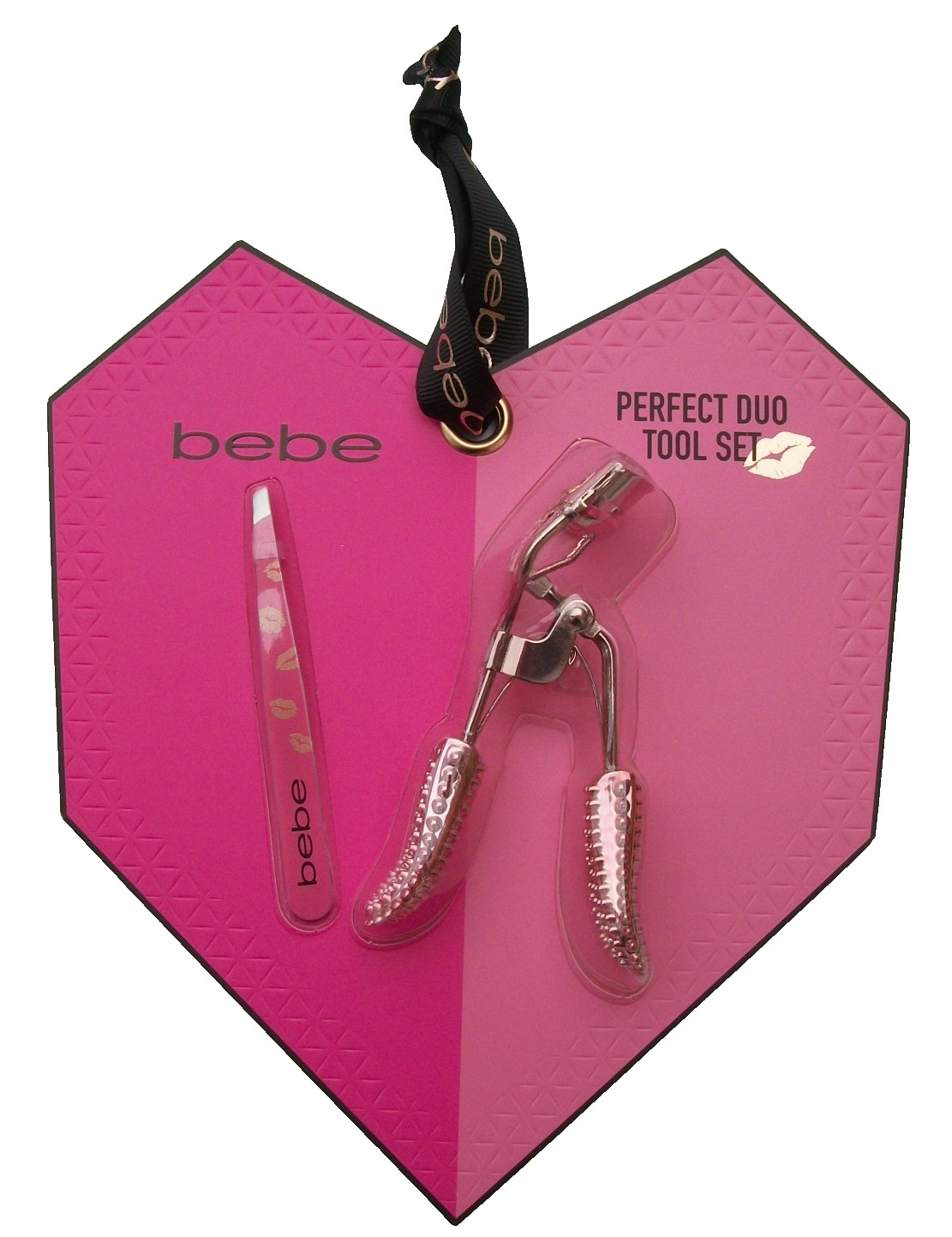 bebe Tweezer & Eyelash Curler Perfect Duo Tool Heart Set Pink Bling Cosmetic