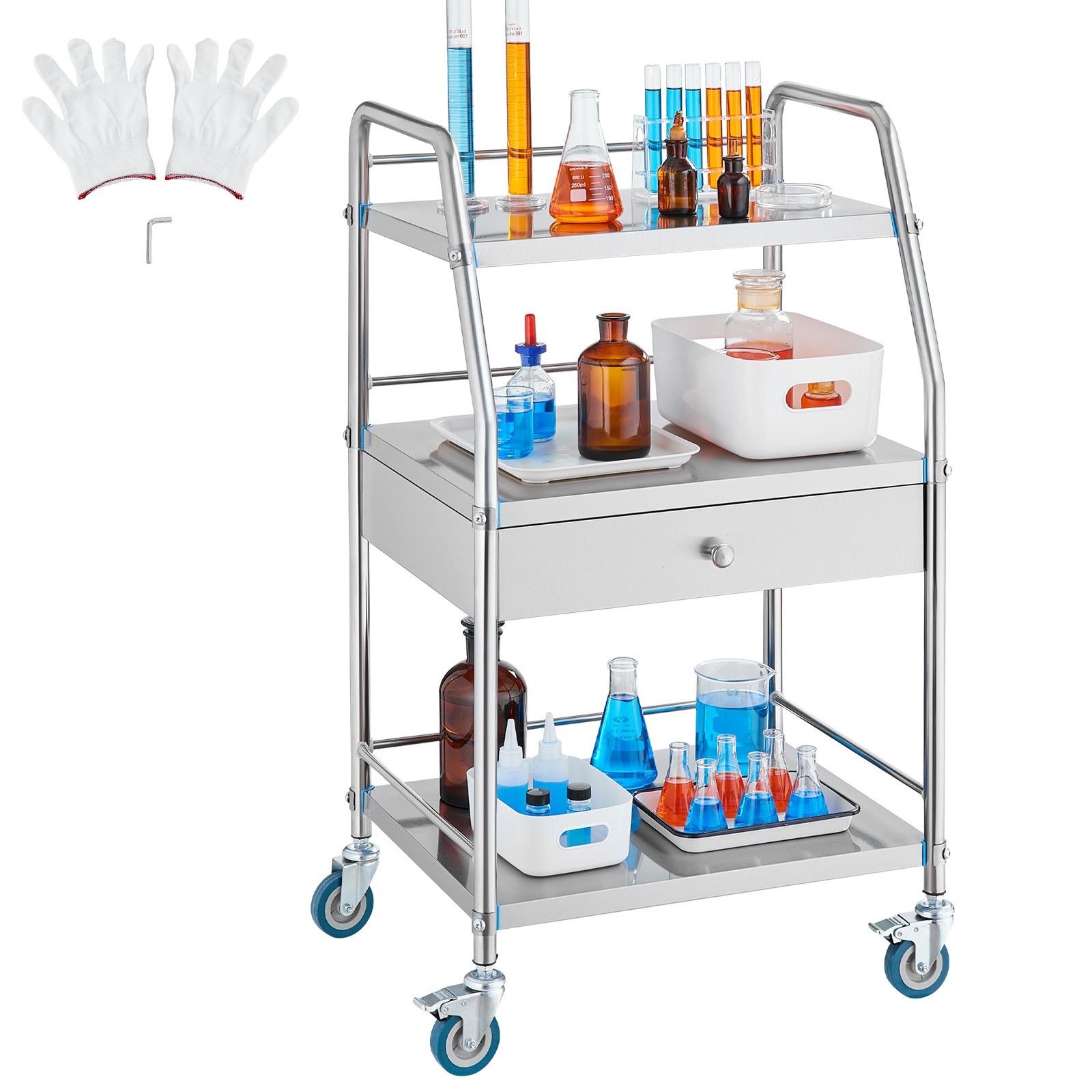 Uimoso Lab Rolling Cart Medical Dental Mobile Trolley Serving 3 Tiers Drawer
