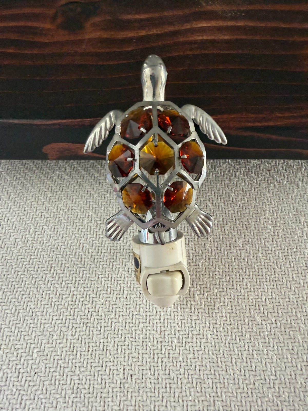 Sea Turtle Night Light Silvertone with Seven Amber Colored Crystals