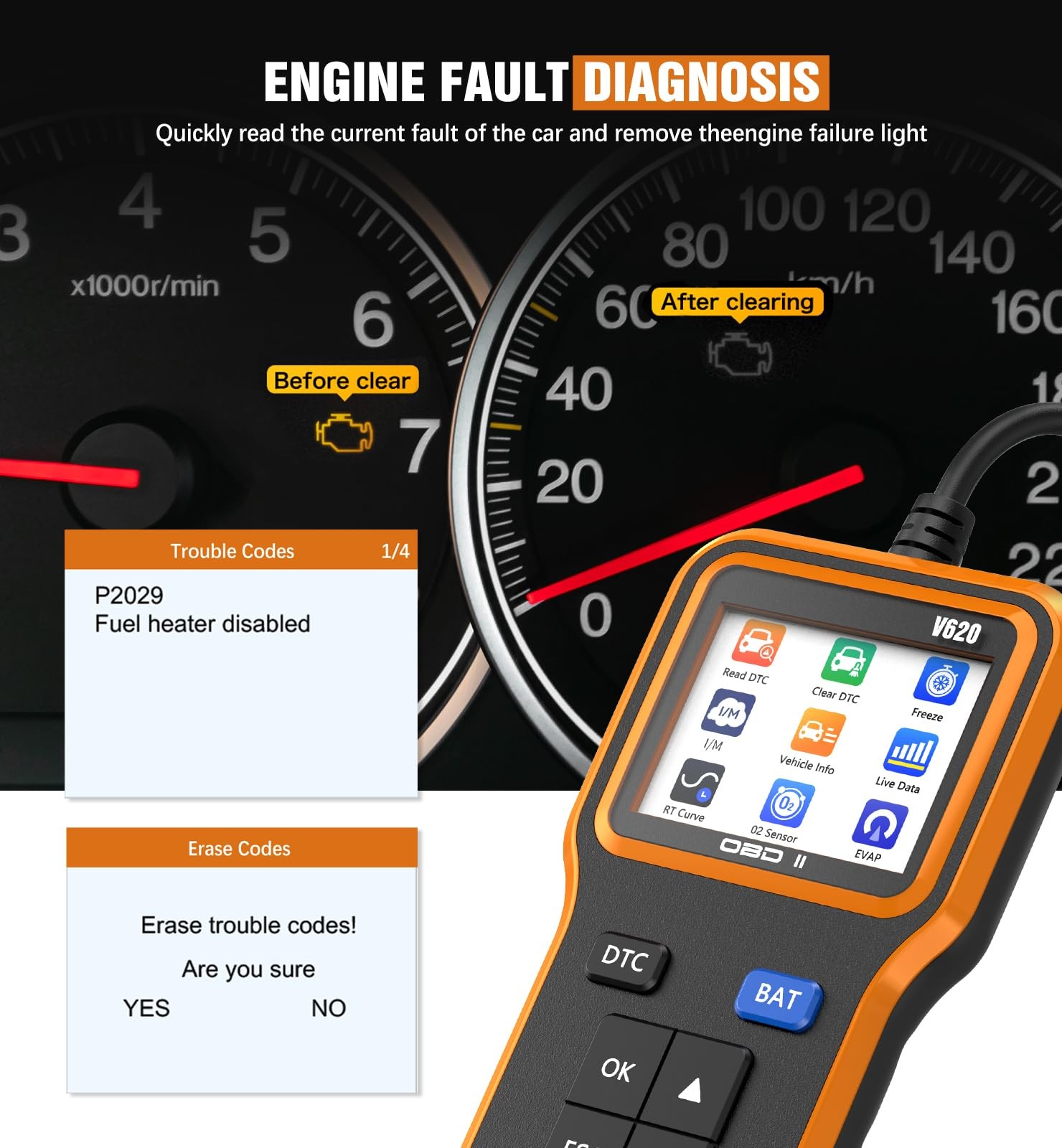 OBD2 Scanner Battery Tester - Read Clear Engine Codes for All Vehicles