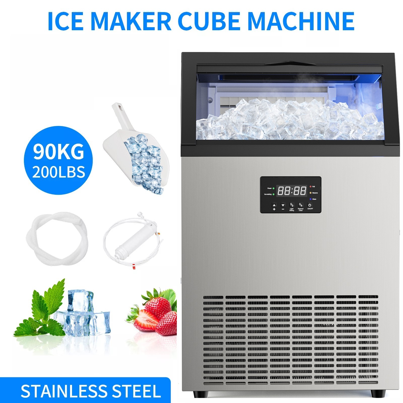 200LBS/24H Commercial Ice Maker Stainless Steel Bar Restaurant Ice Cube Machine