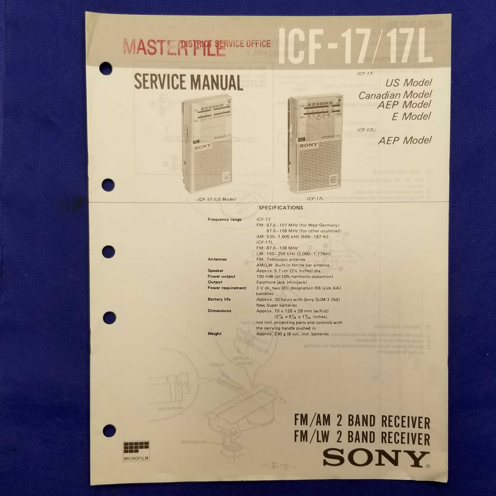 SONY ICF-17 ICF-17L Service Manual Original Paper OEM Repair Guide - USA
