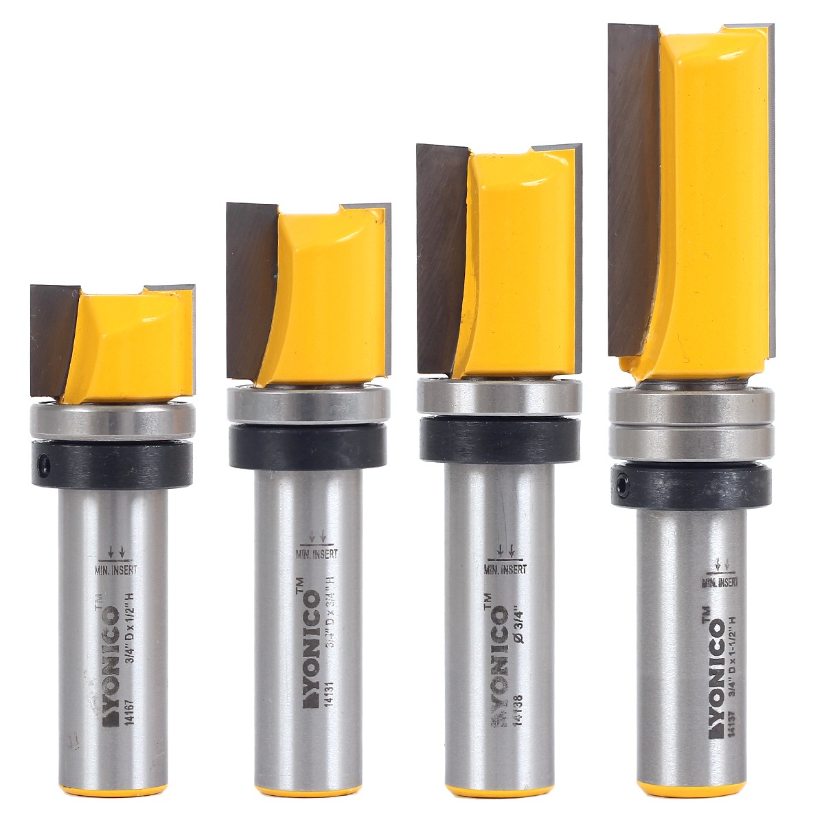 4 Bit 3/4" Diameter Flush Trim Router Bit Set - 1/2" Shank - Yonico 14426