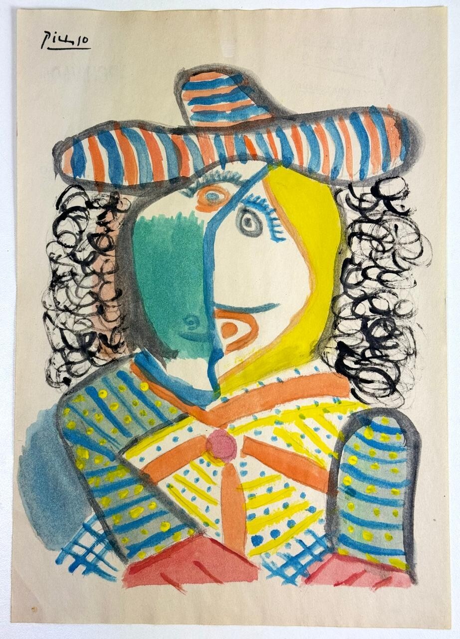 Pablo Picasso (Handmade) Drawing On Old Paper Signed & Stamped, vtg art