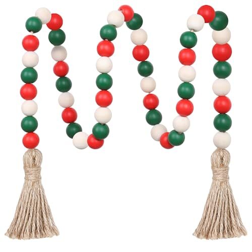 Wood Bead Garland,39in Farmhouse Beads with Tassels Tiered Tray Decor Christmas