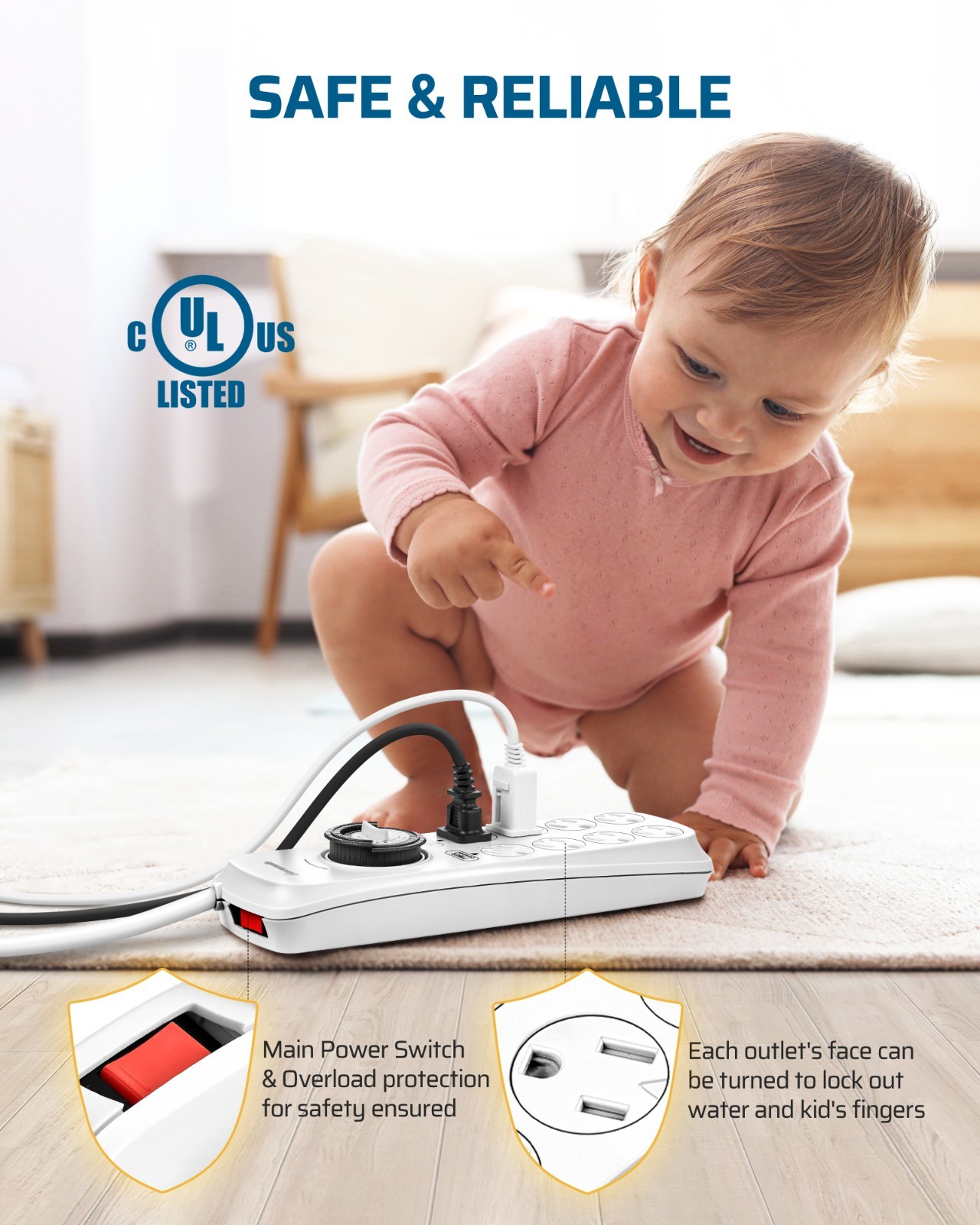 DEWENWILS Mechanical Timer Power Strip with 8 Outlets, Flat Plug, 6ft Long Cord
