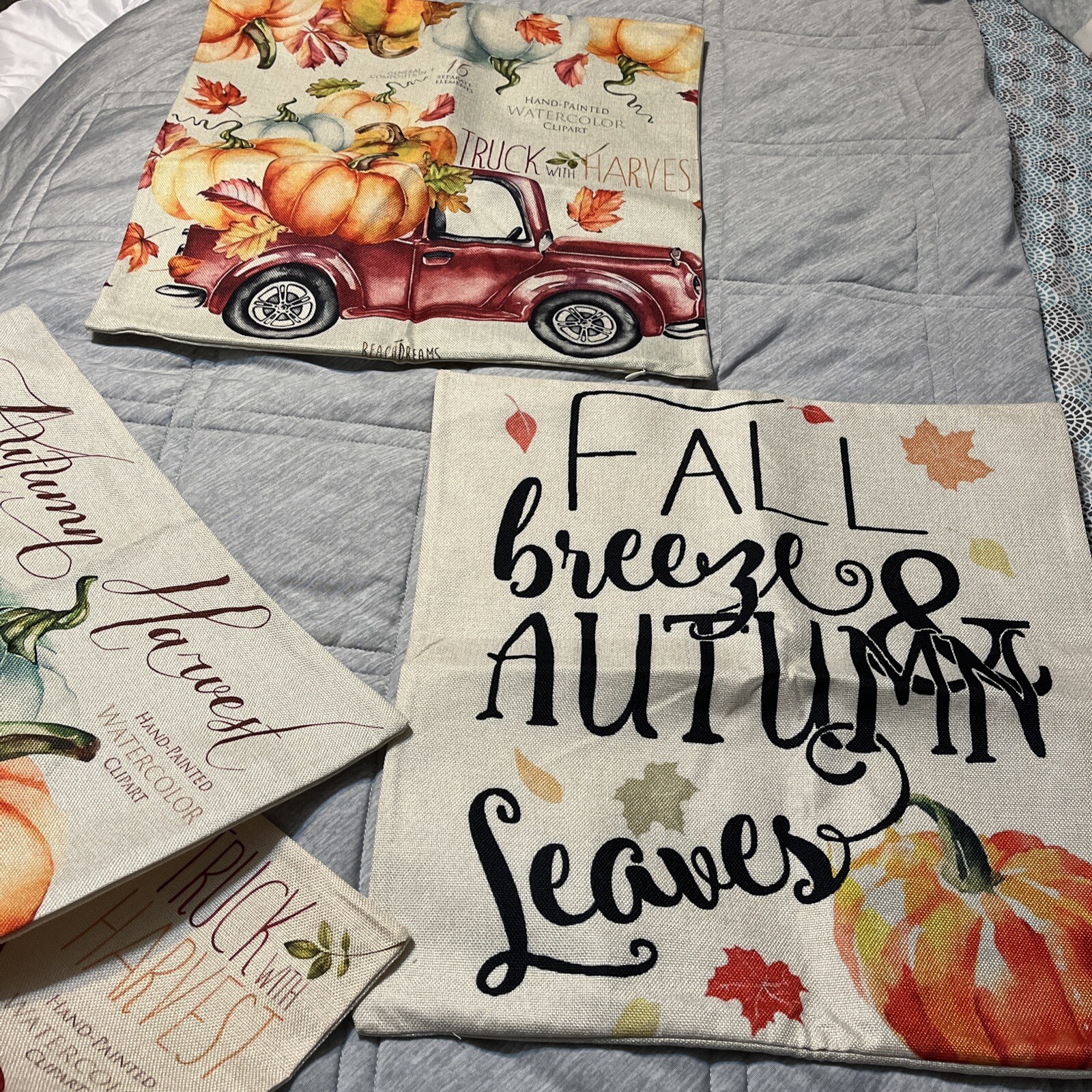 4 Piece 18 X 18" Linen Fall Themed Farmhouse 4 Different Patterns Beautiful