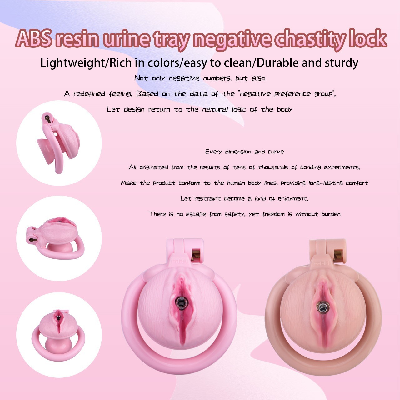 Realistic Flat Chastity Cage Sissy Device with 4 Rings & Reverse Lock, BDSM