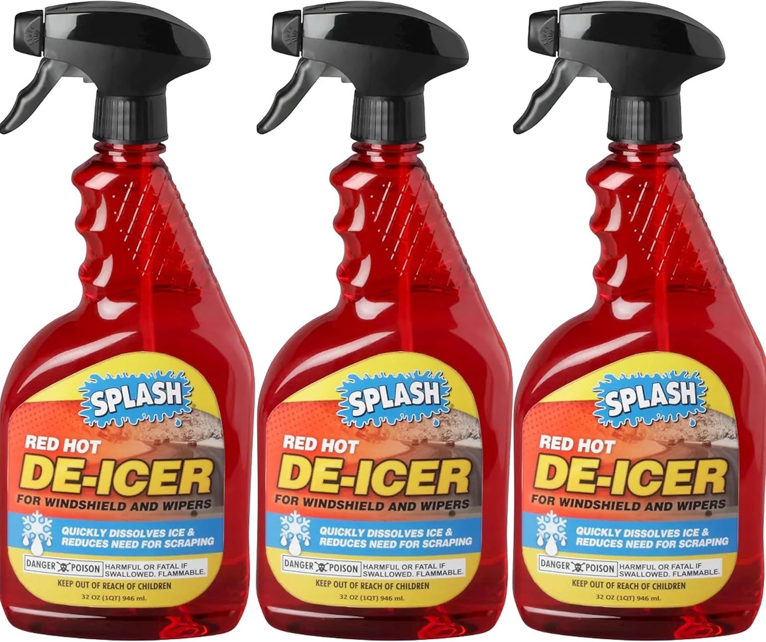 Pack of 3 Splash Red Hot De-icer Windshield Trigger Spray 32 Ounces