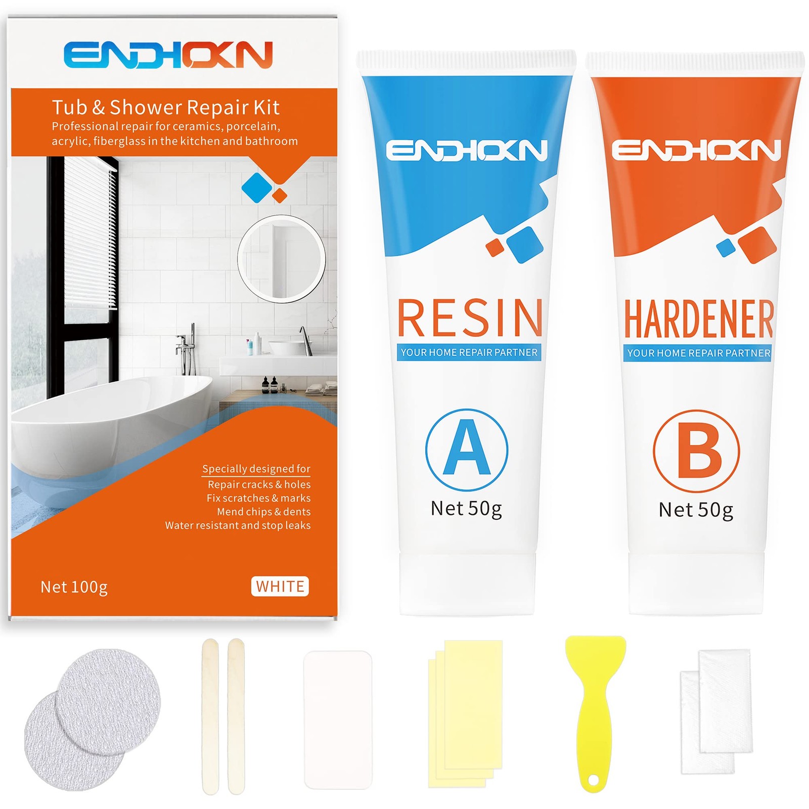 Bath Repair Kit White, Endhokn Enamel, Porcelain, Acrylic, Fiberglass, White