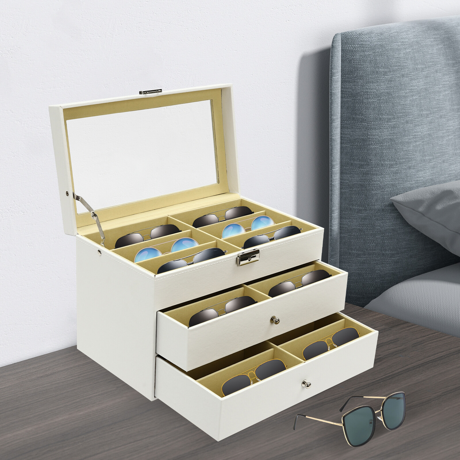 3 Layers Glasses Storage Box, 18 Slots Sunglass Organizer, Lockable Eyeglass Box