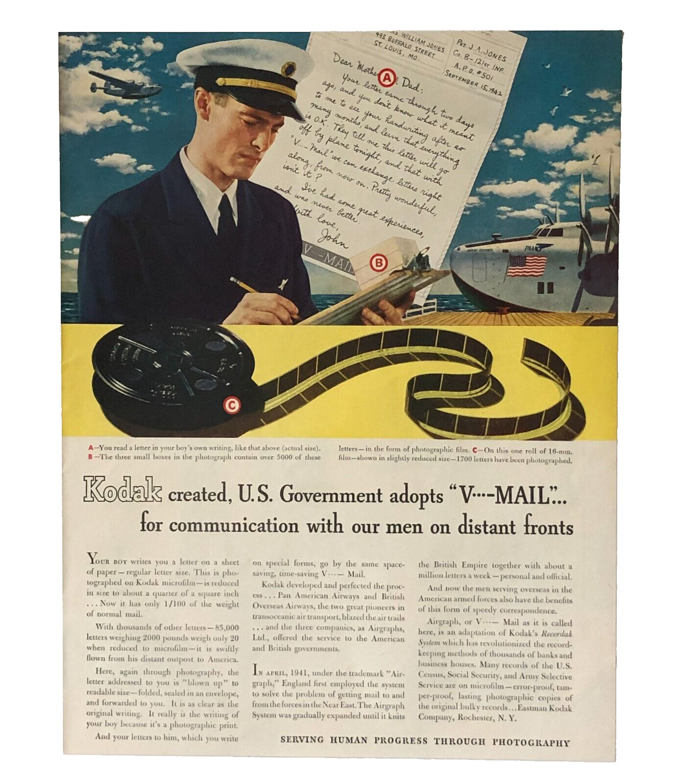 1942 Kodak WW II Advertisement Military V Mail Film Letter Airplane Vtg Print AD