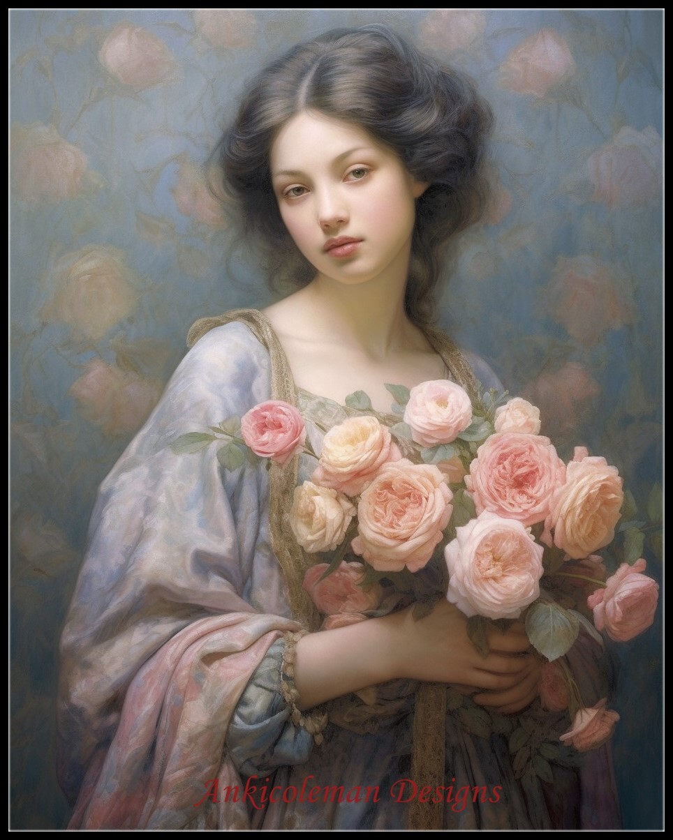 Girl Holding Flowers 3 - Counted Cross Stitch Patterns - Color & BW Symbols