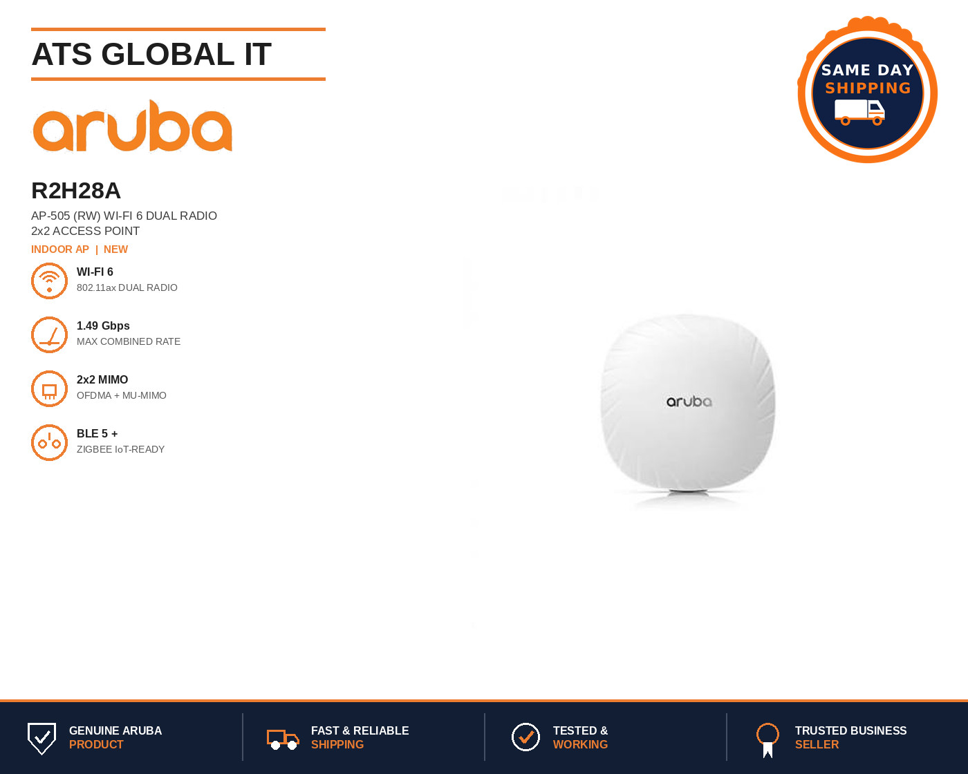 Aruba AP-505 R2H28A WiFi 6 Dual Radio 2x2 Access Point New Sealed
