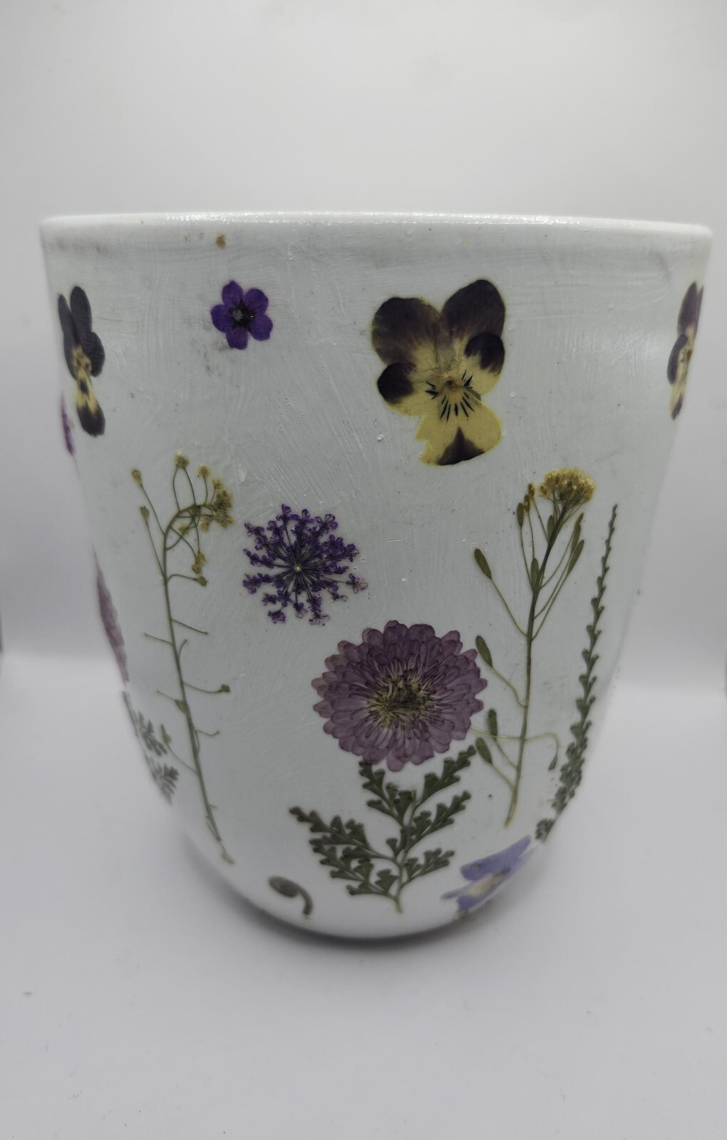 Ceramic planter with real pressed dried flowers decoupage design. Handmade gift