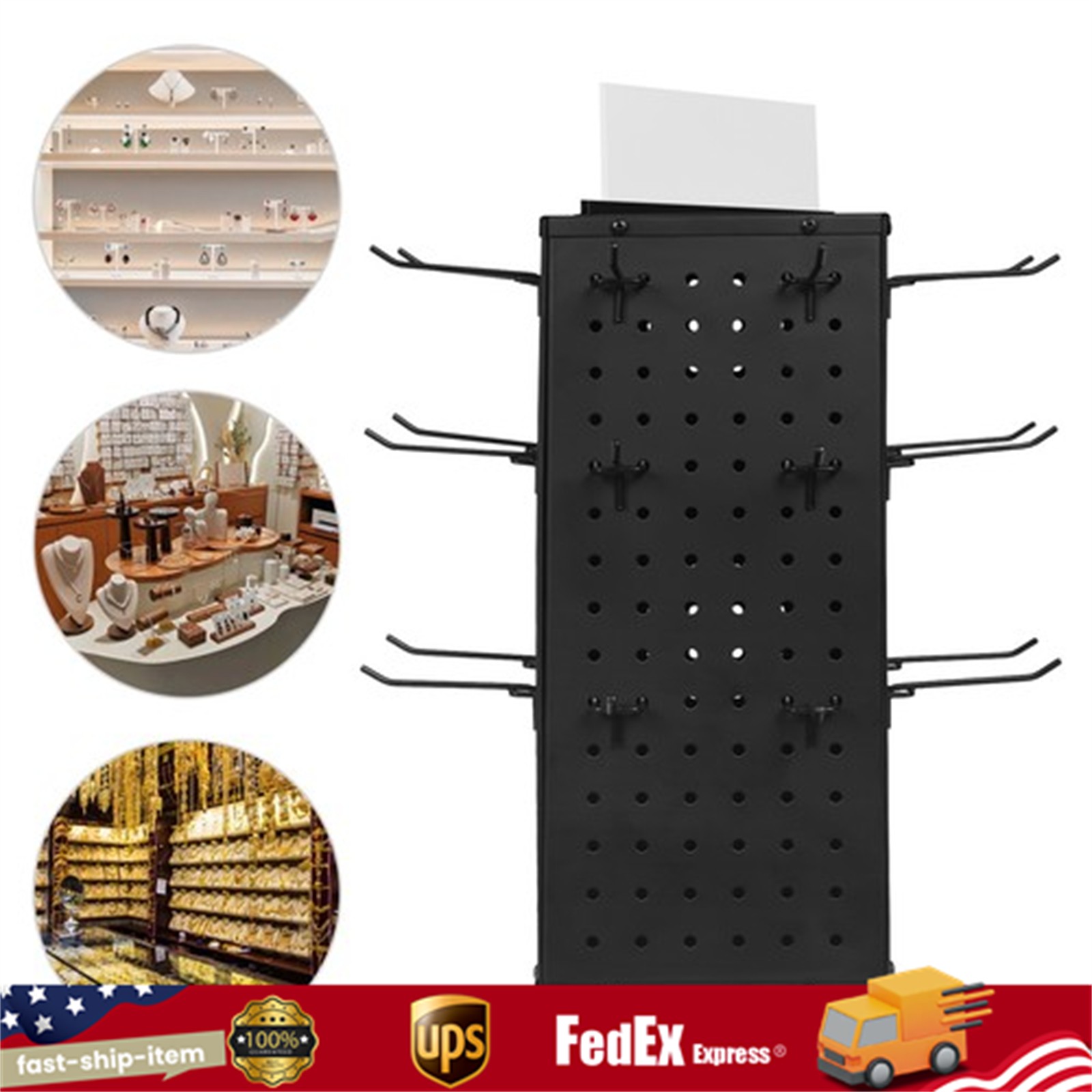 Rotating Pegboard Display Stand with 24 Hooks - 4-Sided Metal Spinning Peg Board