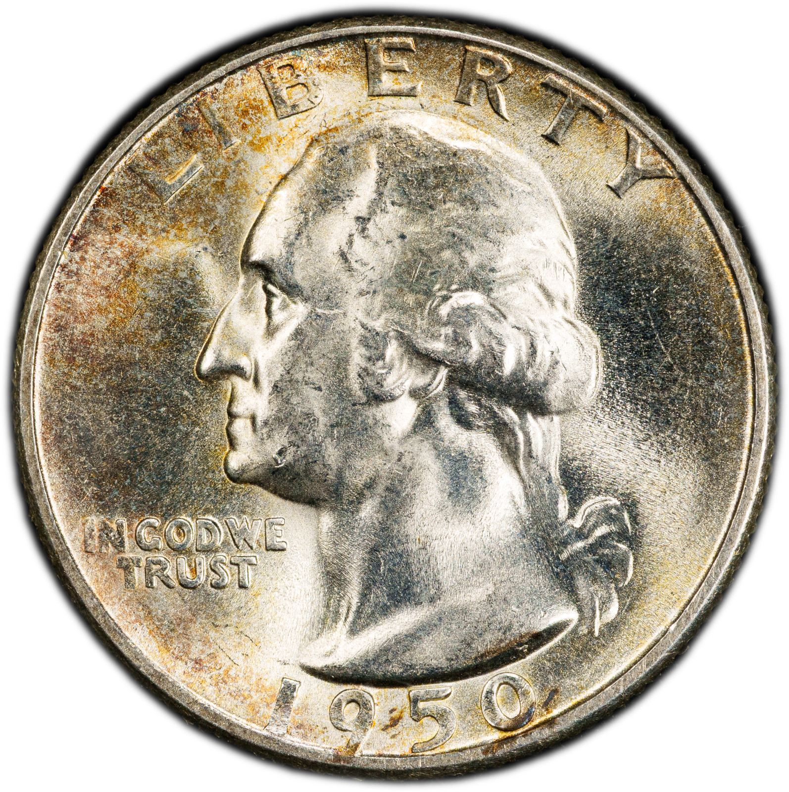 1950-S PCGS MS64 Washington Quarter | Golden Colorful Rim Toning | Flashy Luster