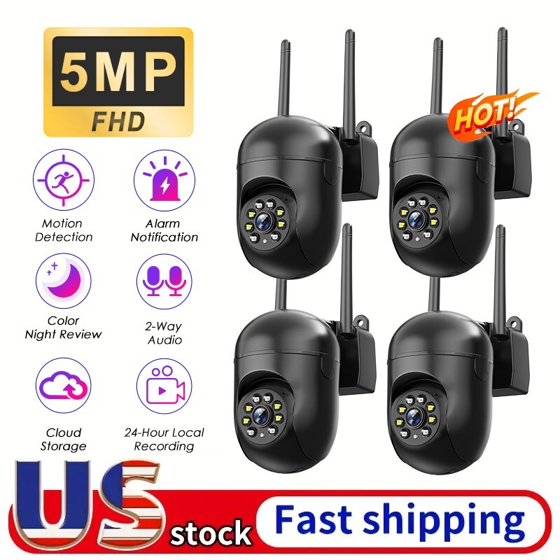 4PCS PTZ Wireless WIFI Security Camera 5MP Home System Color Night Vision Black