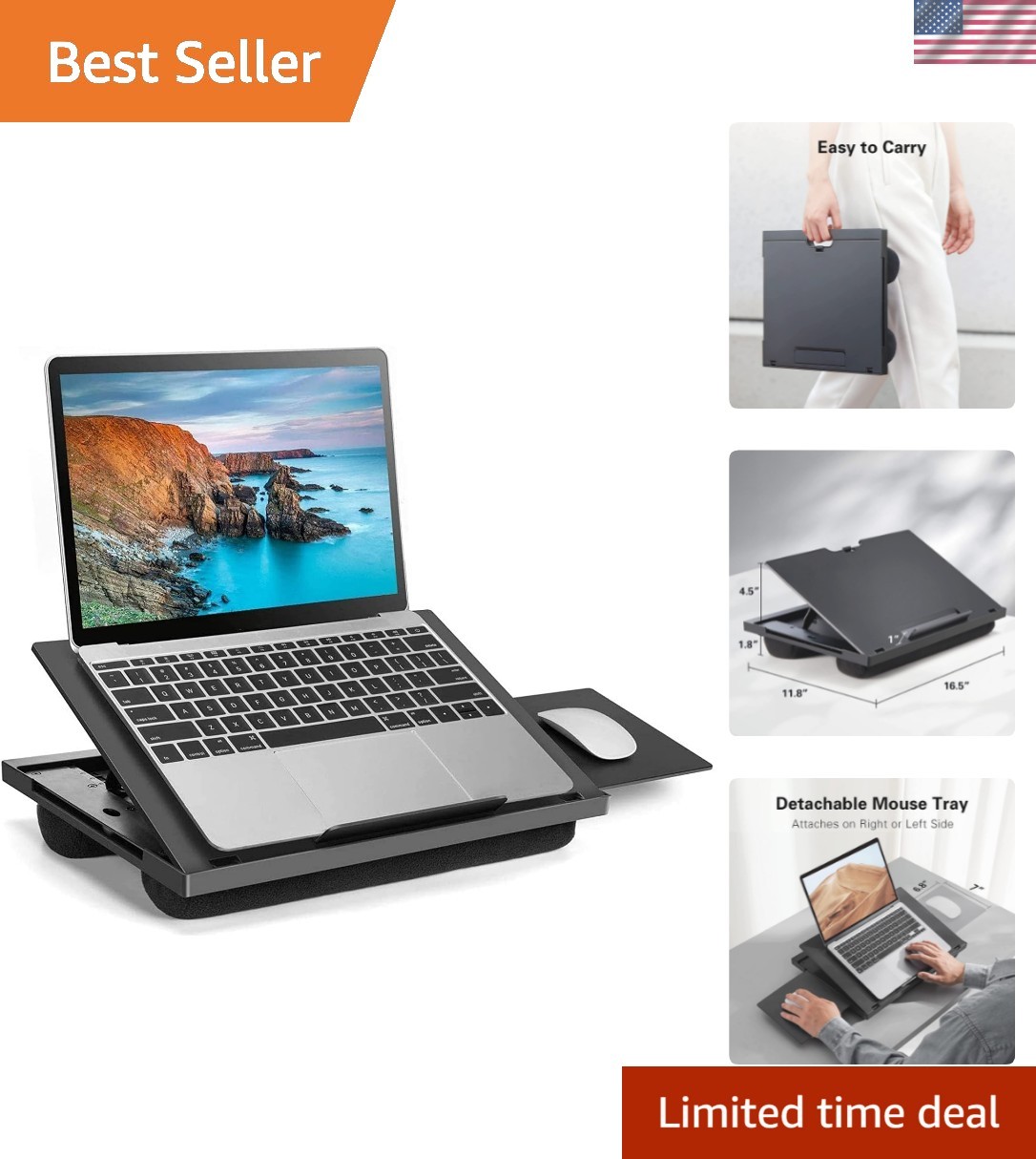 Adjustable Lap Desk with 6 Angles – Up to 15.6" Laptop, Black | Detachable mo...