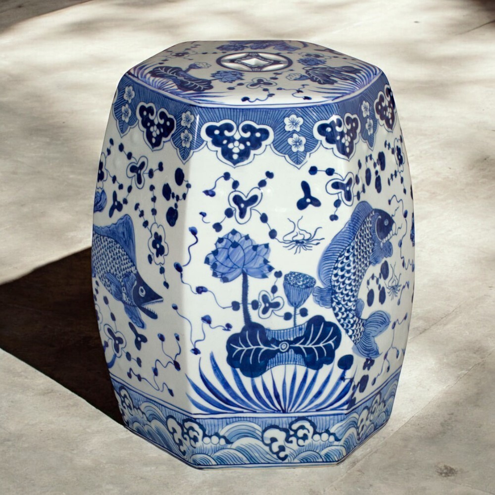 US Seller - Blue & White Porcelain Lotus and Fish Motif Chinese Garden Stool