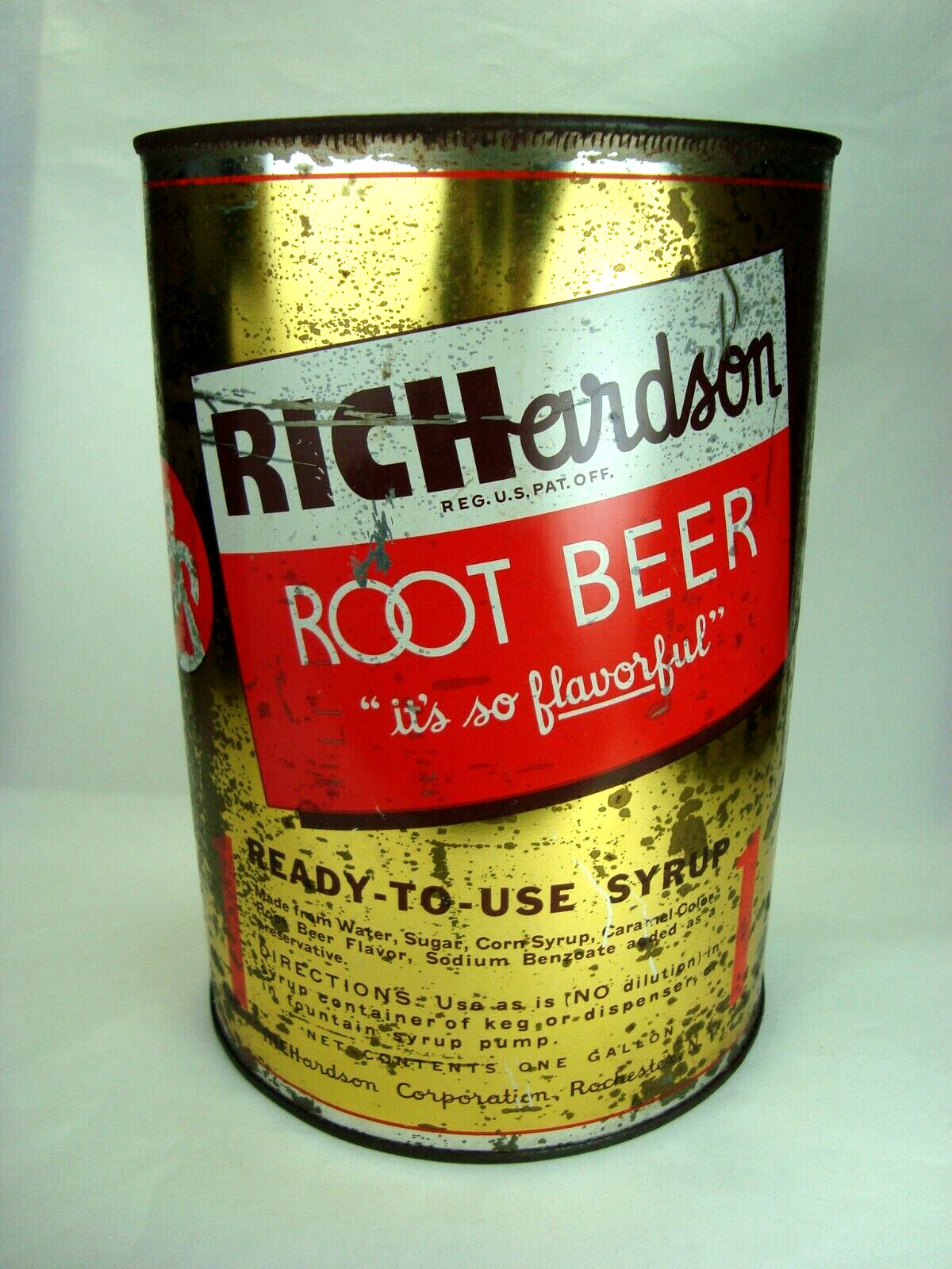 VINTAGE RICHARDSON ROOT BEER SODA CYRUP 1 GALLON FLAT TOP OPEN CAN ROCHESTER NY