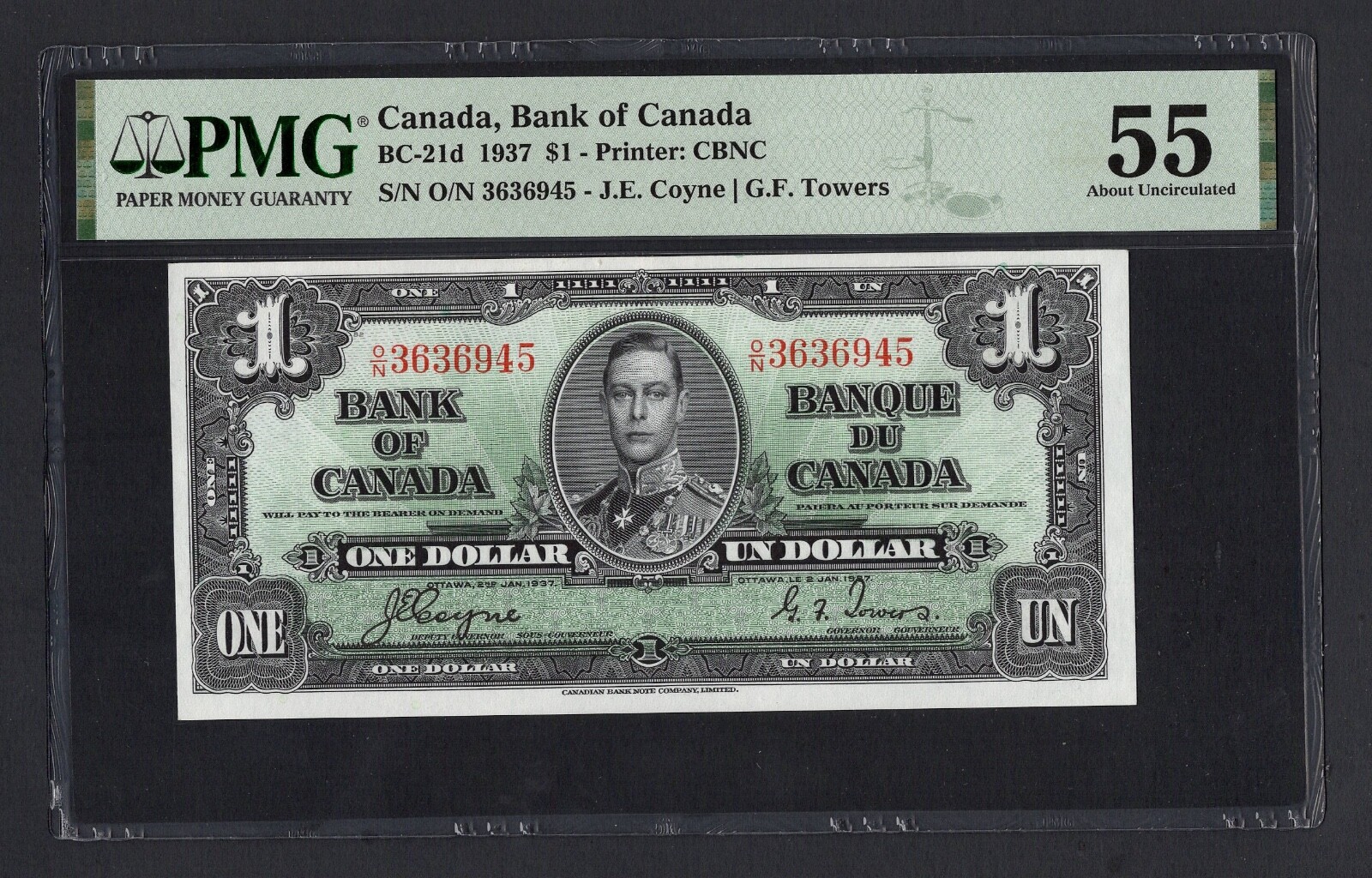 Canada One Dollar 1937 BC-21d About Uncirculated