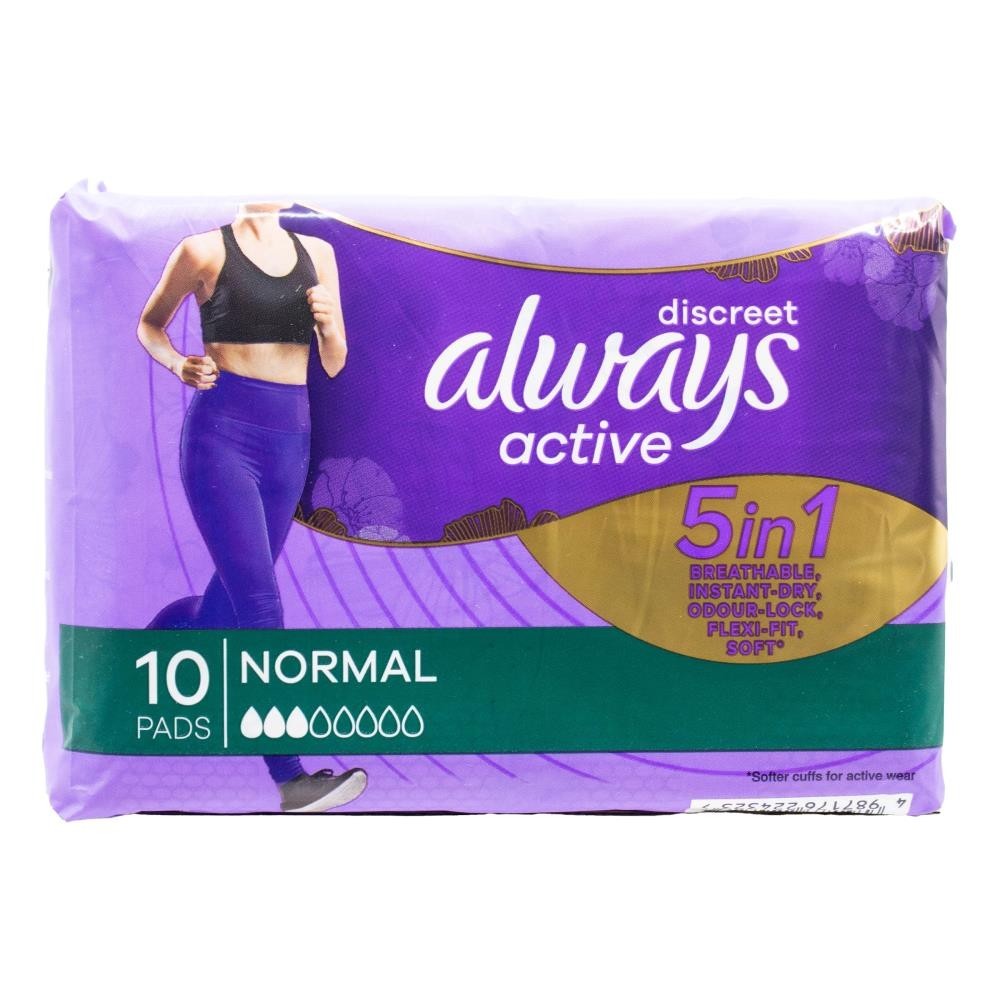 4 X ALWAYS PK10 PAD  DISCREET 5 IN 1 BREATHABLE INSTANT DRY ODOUR LOCK FLEXI FIT