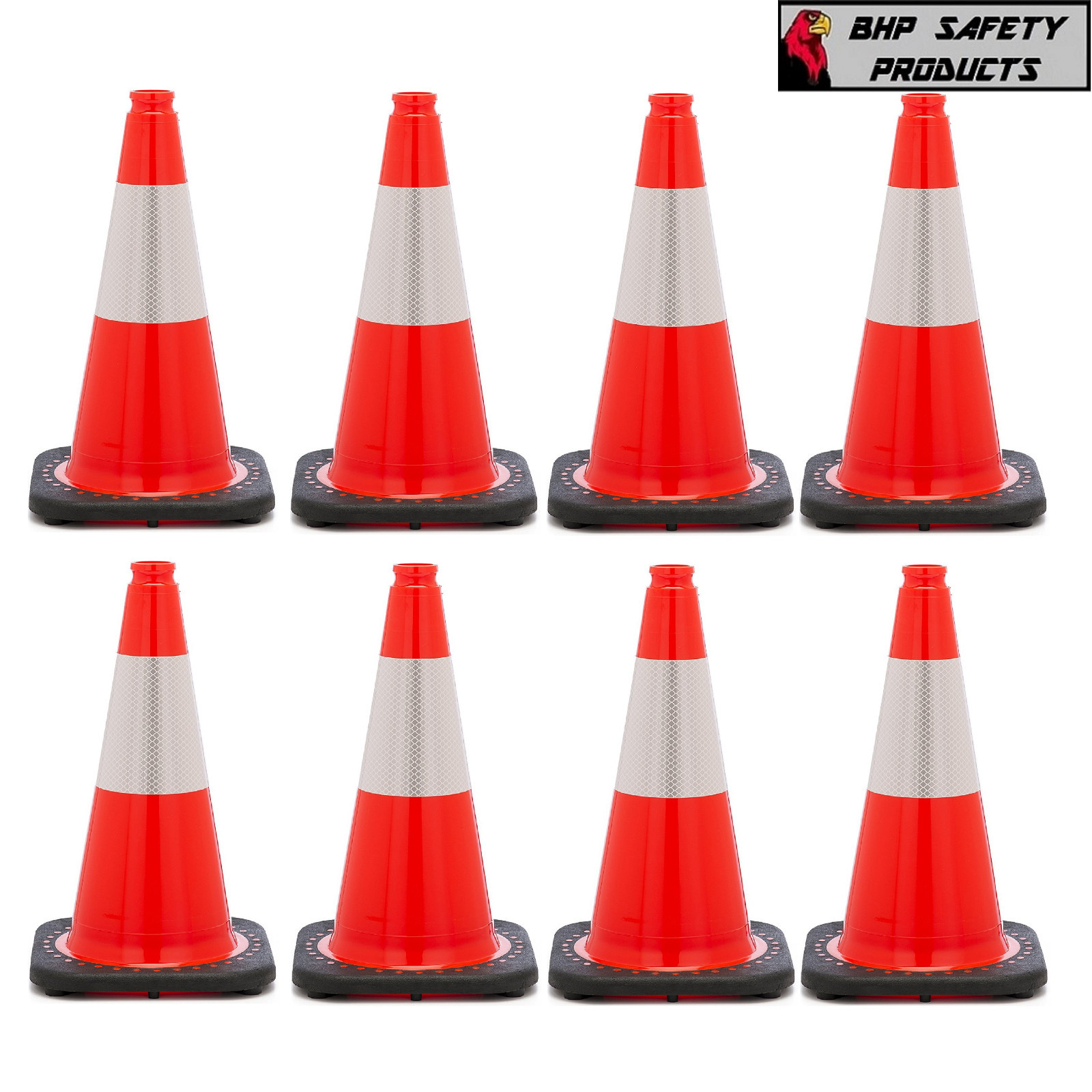 18 INCH ORANGE SAFETY TRAFFIC CONE BLACK BASE W/ 3M REFLECTIVE COLLAR (8 PACK)