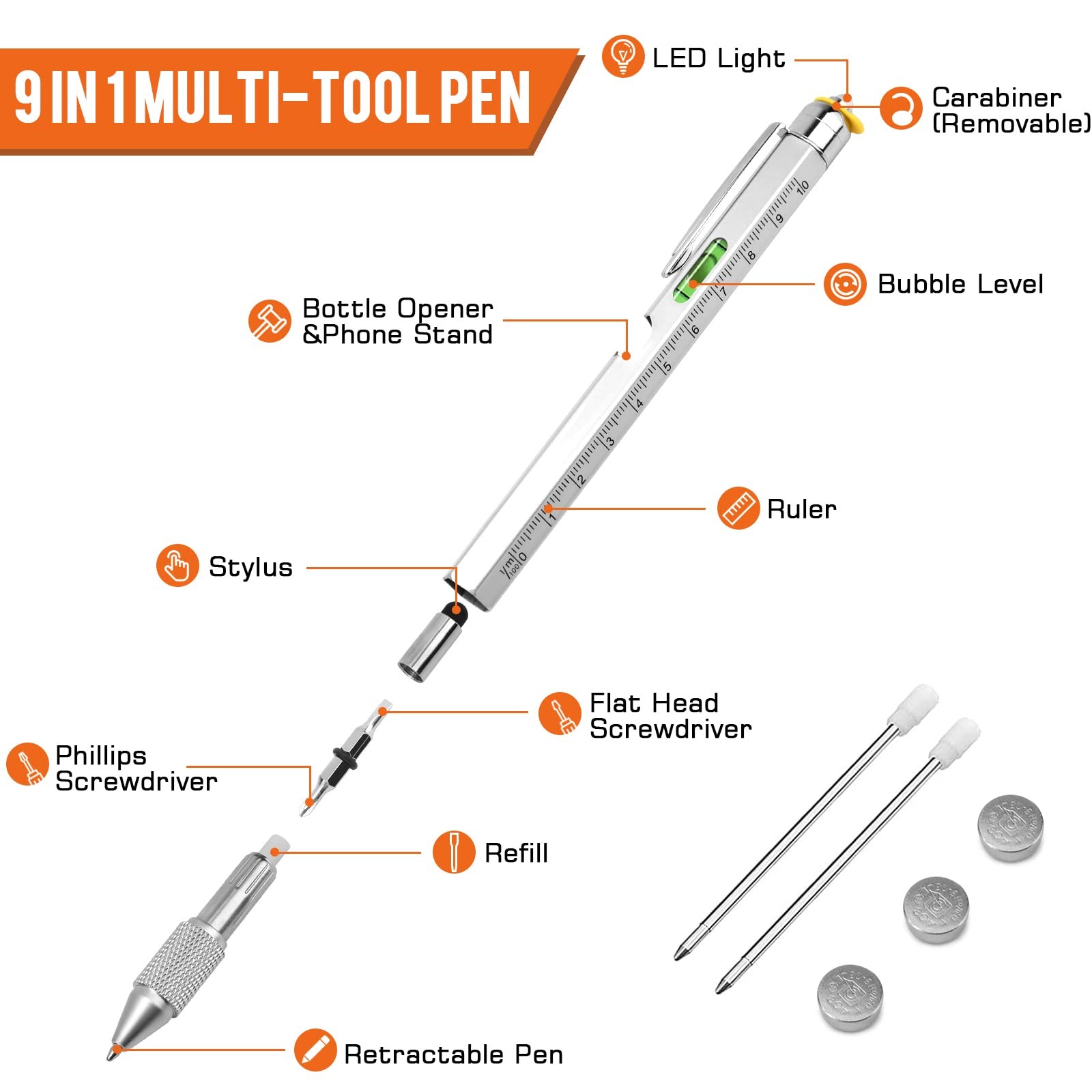 9 in 1 Multi-Tool Pen for Men, Tools with Ballpoint Pen, Medium, Silver