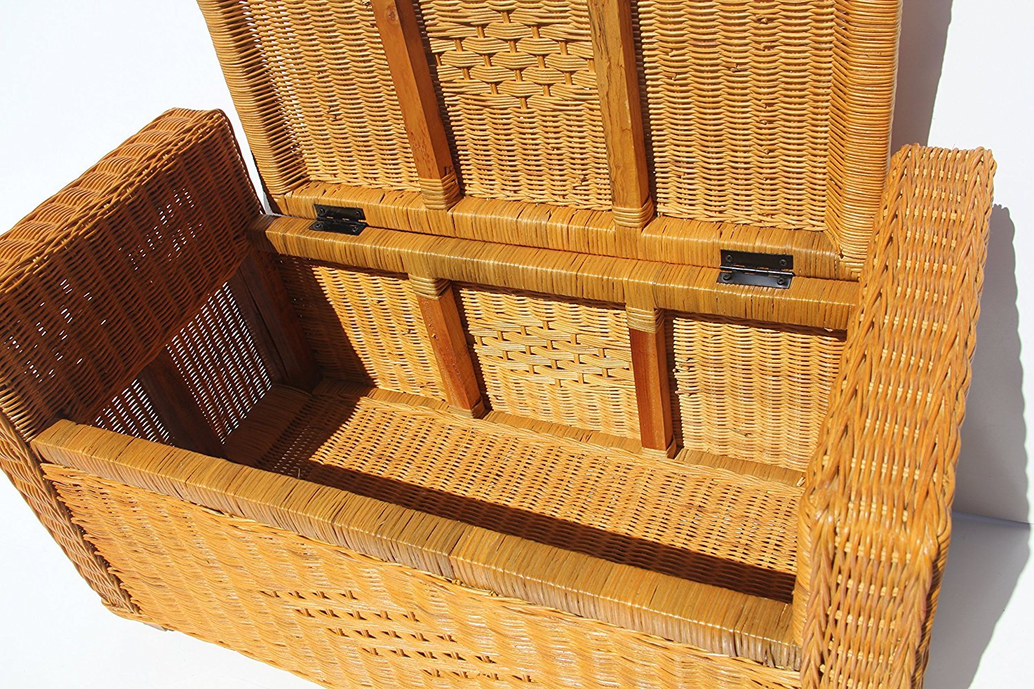 Handmade Rectangular Chest Ottoman Bruno Rattan Wicker w/ Cushion 32", Cognac