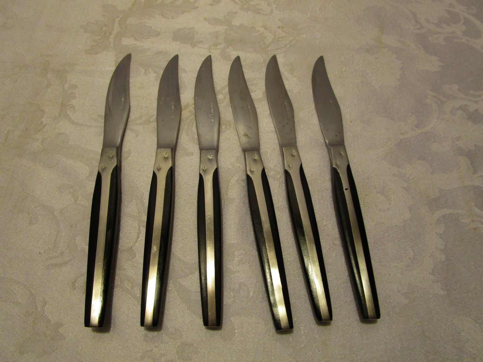 Vintage Stainless steel faux-wood handle 6 pc. Steak knife starburst 1960s Japan