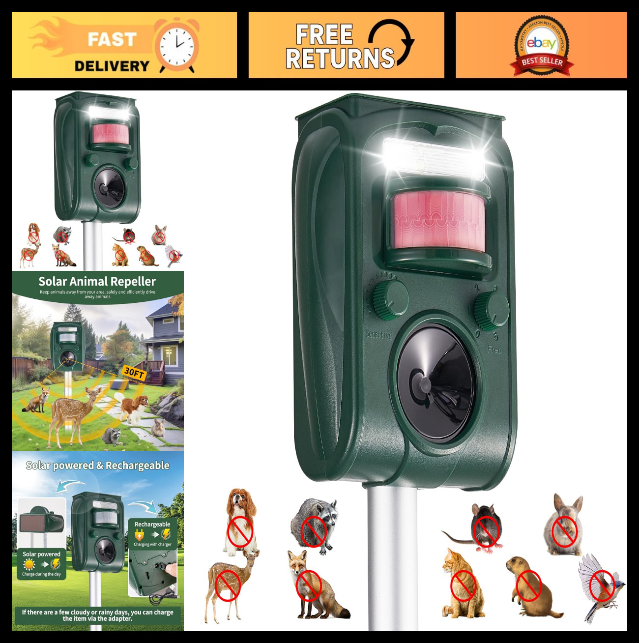 Upgraded Solar Ultrasonic Squirrel Deer Repellent Devices Motion Detection 5