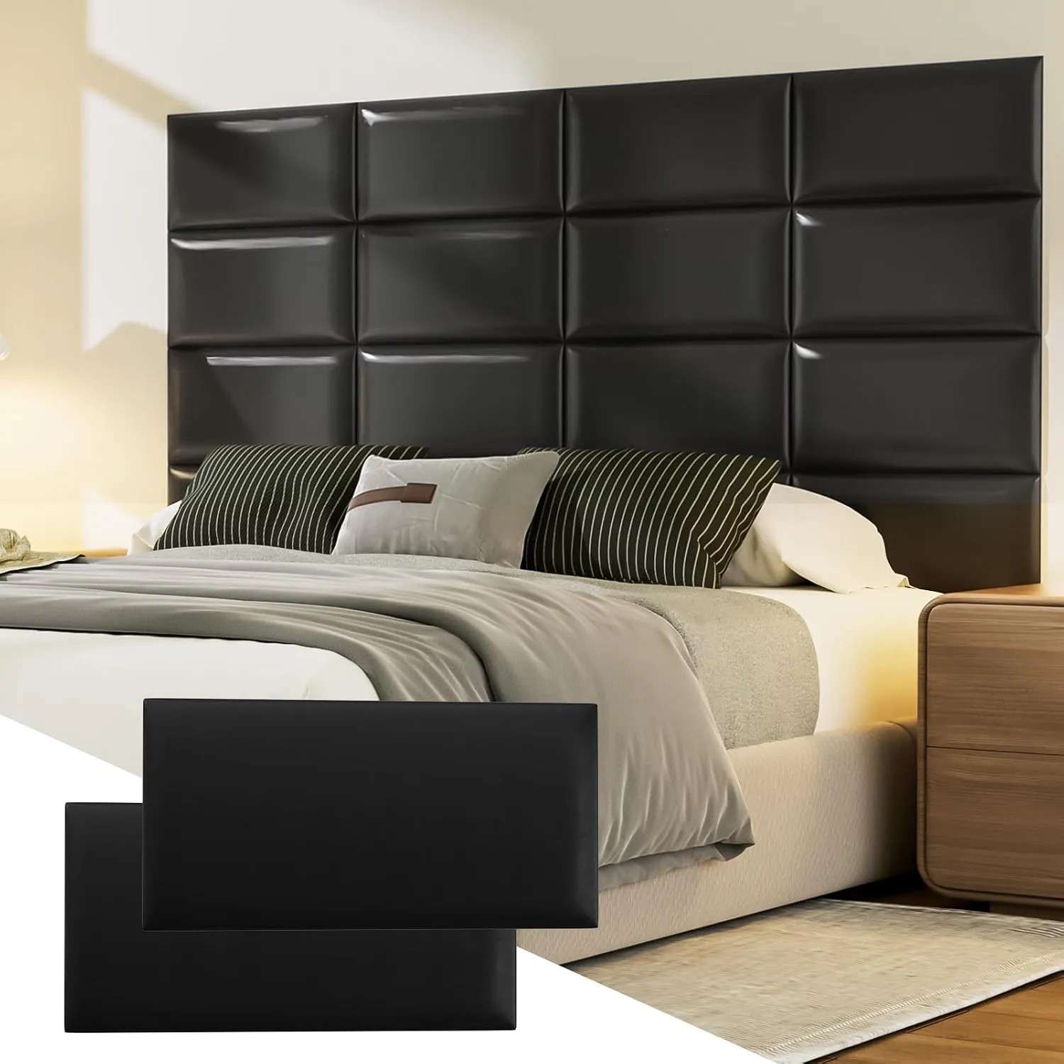 4 Padded Wall Panels Peel And Stick Upholstered Headboard 7.8 x 15.7 Inch Black