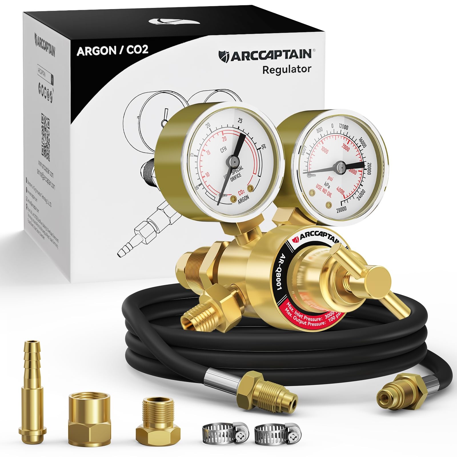 ARCCAPTAIN Argon CO2 Regulators with 8.2FT Inert Gas Welding Hose, Brass