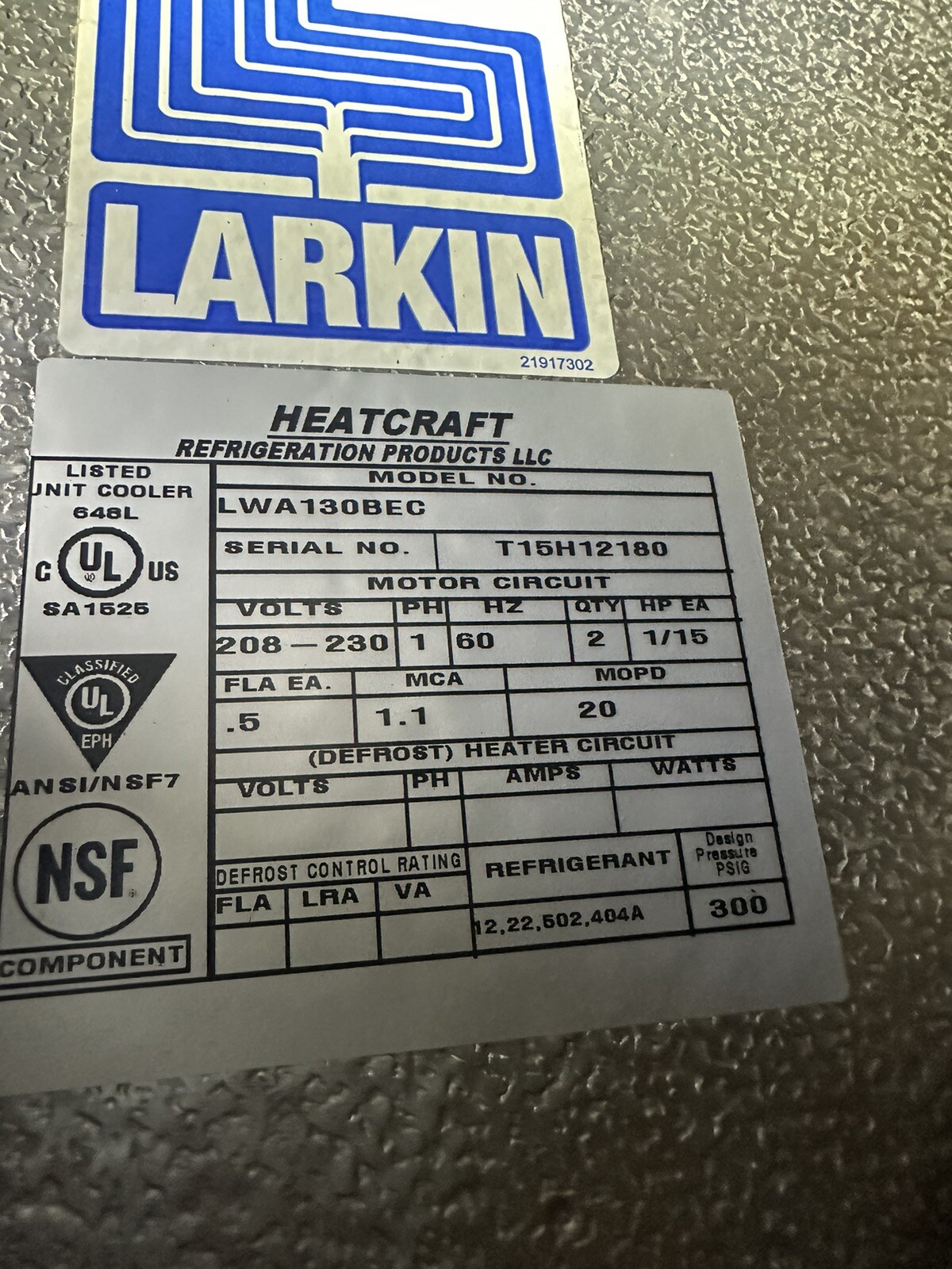 Overstock Heatcraft LWA130SC 13000BTU 230/1center mount low flo evap air defrost