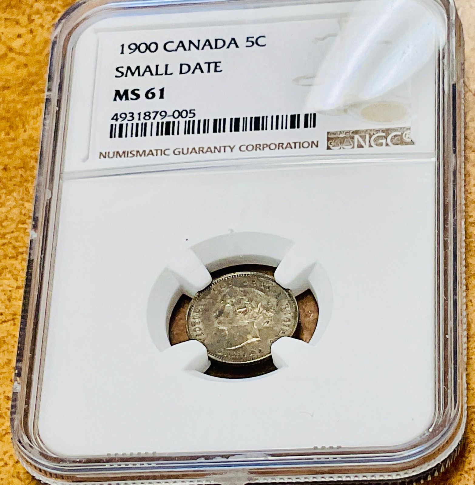 1900 CANADA 5 c.  Small Date Narrow 0 NGC graded MS61 GREAT Toning