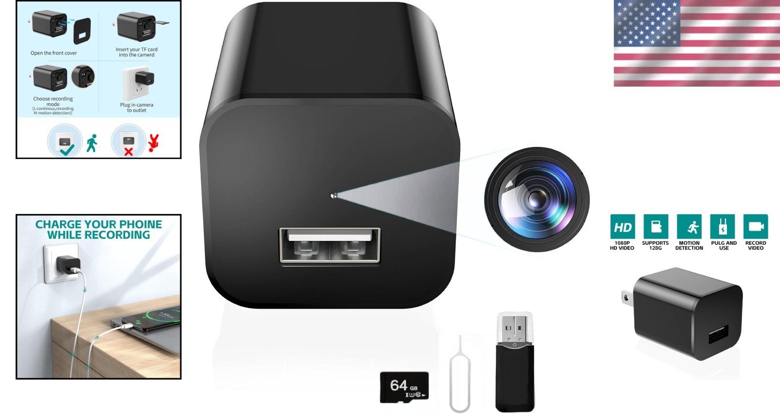 Mini 1080P Camera Charger - Wireless Camera - No Wifi Tiny USB Charger Camera...