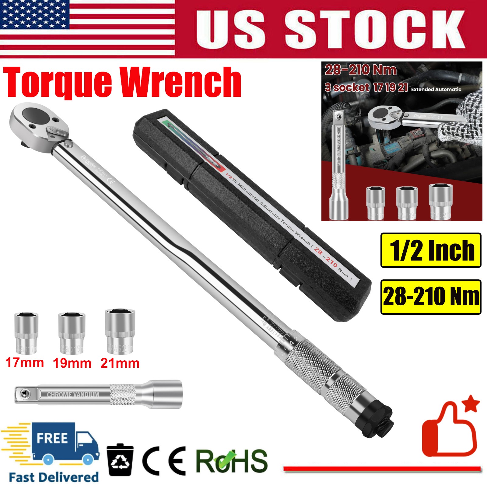 ✅1/2'' Drive Torque Wrench Set 28-210 Nm Click Torque Wrench Adjustable NEW