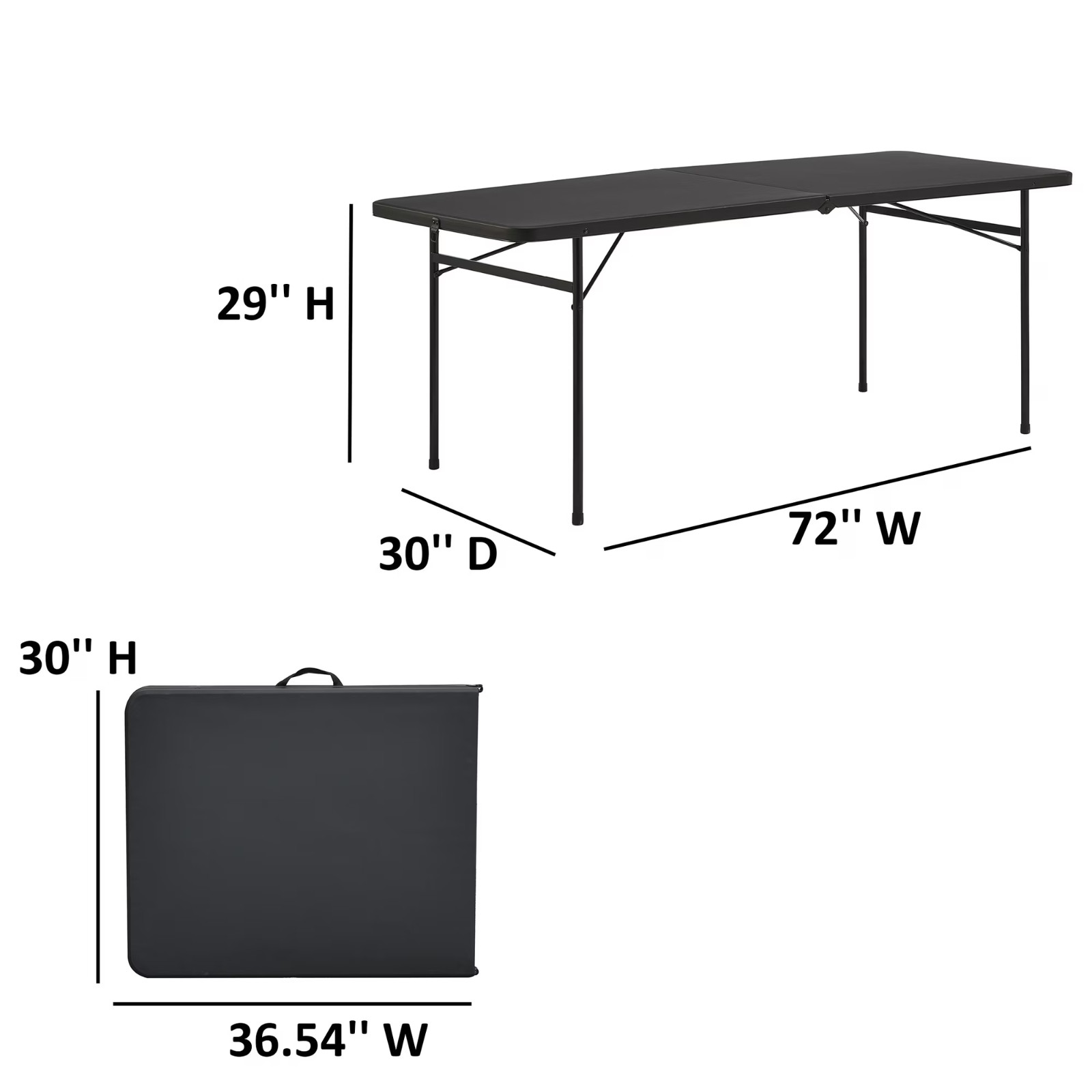 Mainstays 6 Foot Bi-Fold Plastic Folding Table, Black 72" W x 30" D x 29" H