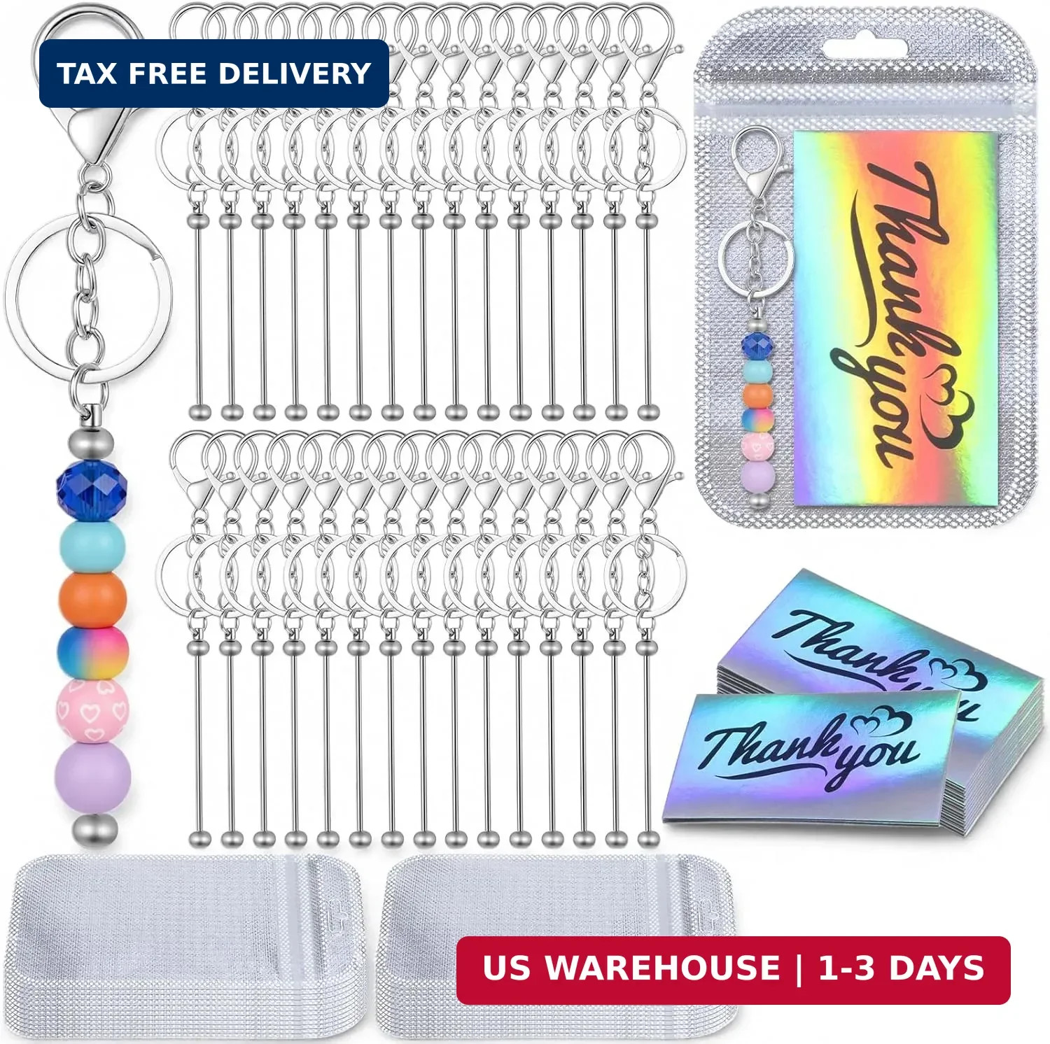 30 Pack (120 Pcs) Beadable Keychain Bars Bulk Kit - DIY Keychain Making Supplies