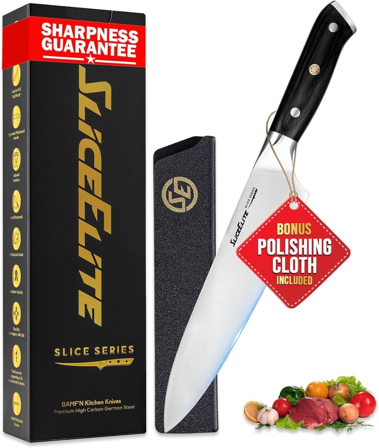 SliceElite 8 Inch Chef Knife High Carbon German Steel Pakkawood Handle