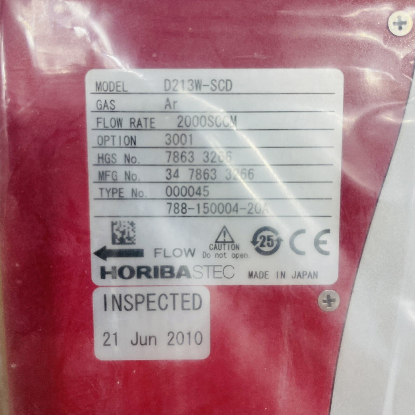 HoribaSTEC D213W-SCD Digital Mass Flow Controller Module 2000SCCM Argon ~NEW~
